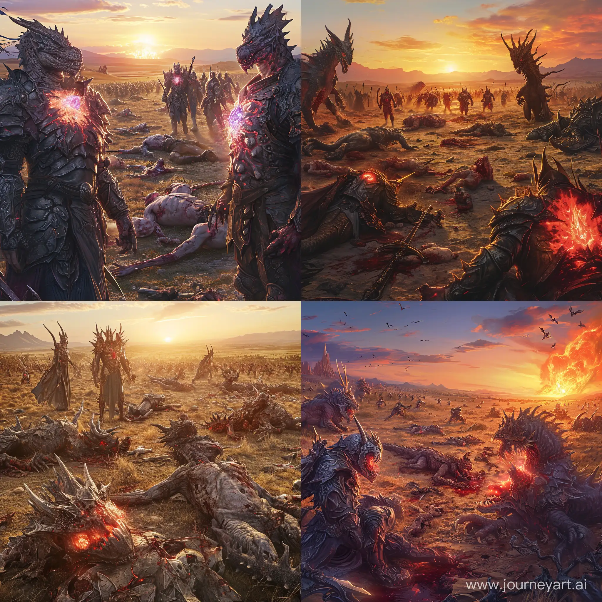 Generate image a battle between two
armies. First covenant army assembled
of elves, human, dragons, reptile warrior with dragon head. Second Demons of fire with basalt body,heavy, pale complexion, heavy armor,
magic crystal on chests in light glow,
many dead lie on the battlefield, plain,
Hills, sunset, fantasy, epic, 4k, hd
