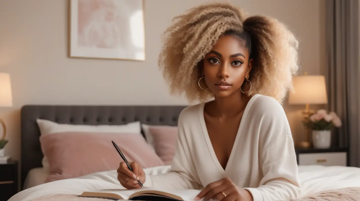 A beautiful, medium dark skin woman with large expressive eyes and long lush eyelashes giving a soft, engaging look.  Her hair is styled is short  ombre blond. She is wearing large hoop earrings, which ad a touch of elegance to her cozy attire. The woman is clad in Fashion loungewear.  She is sitting in a luxury bedroom on her bed with a journal in her lap and pin her hand, writing her goals for 2024..