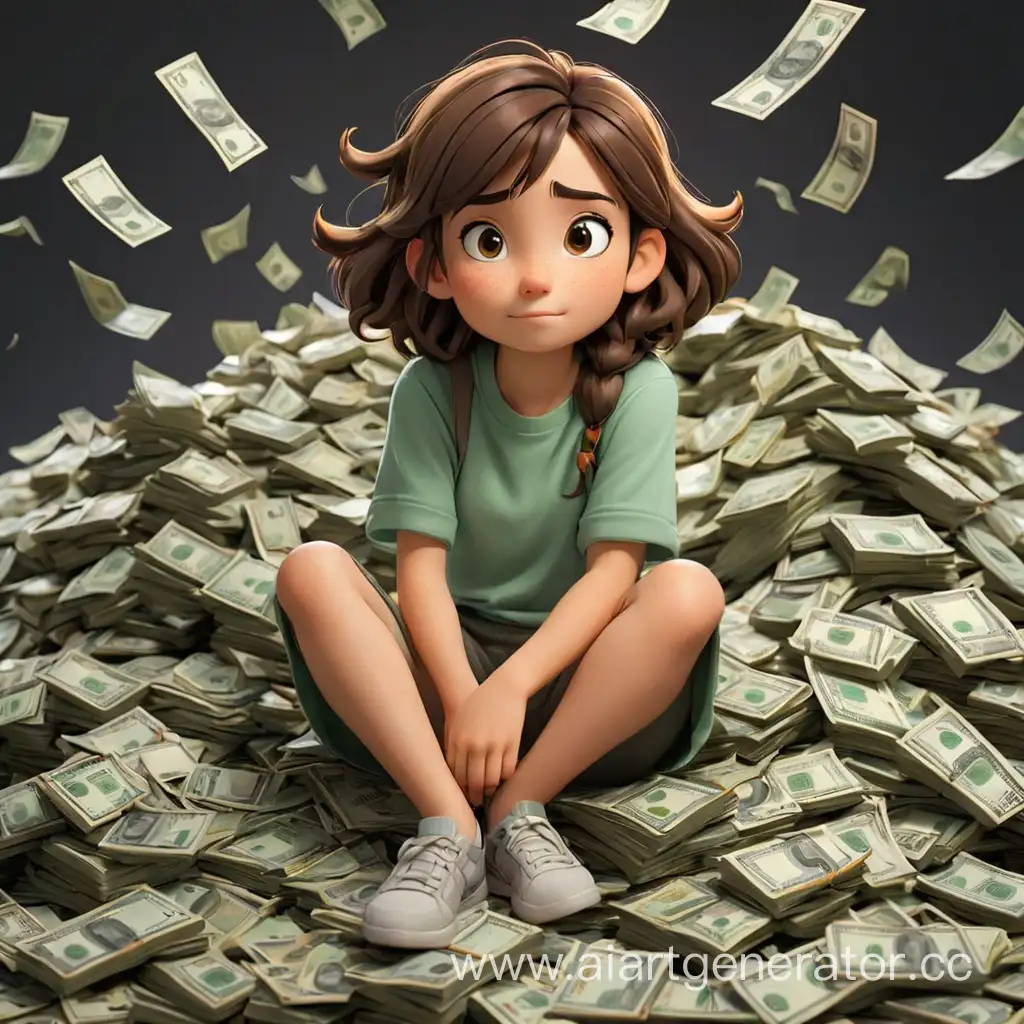 мультяшная девочка сидит на куче денег 