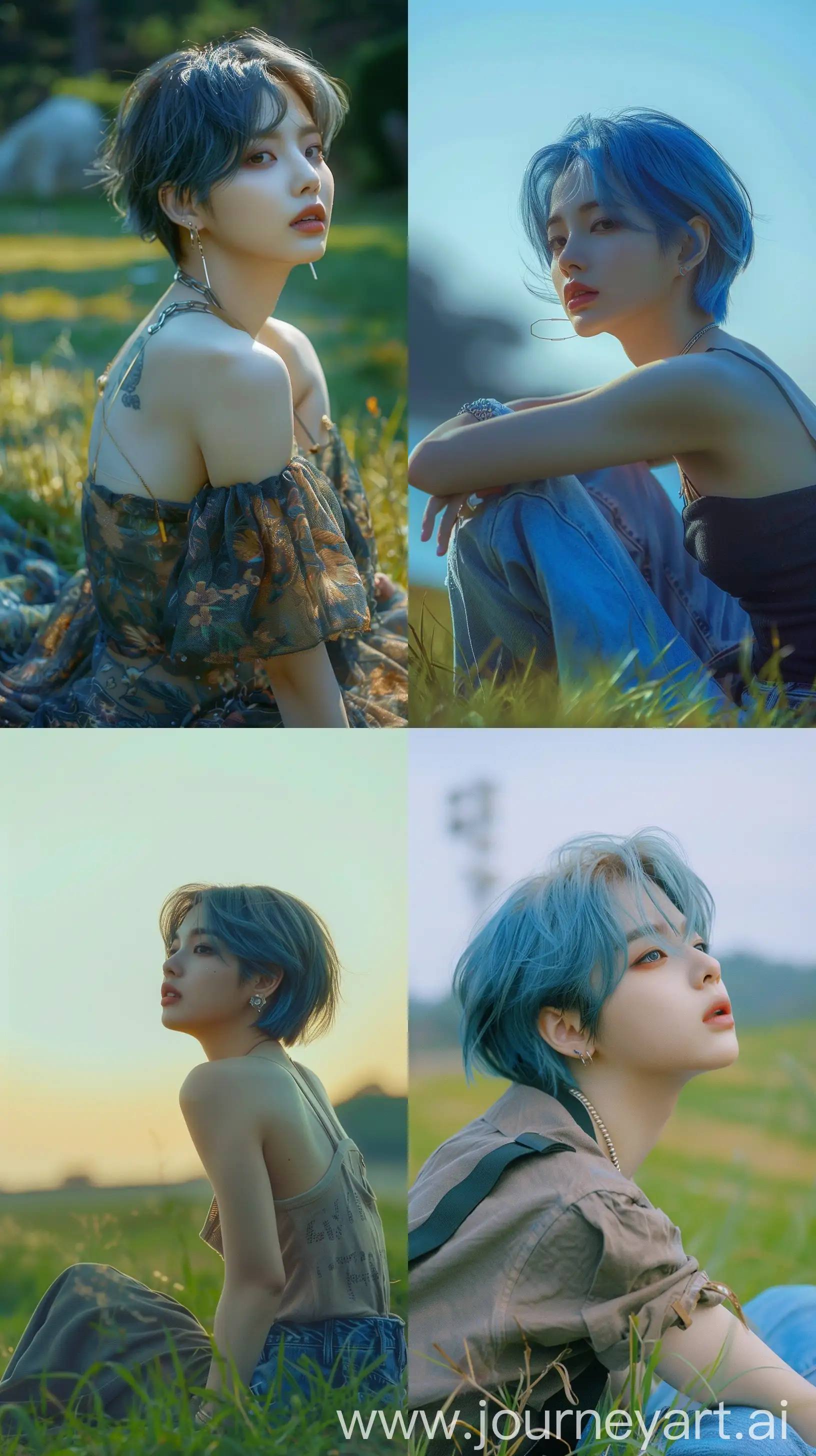 Stylish-Instagram-Profile-Picture-of-Blackpinks-Jennie-with-Blue-Short-Hair-Sitting-on-Grass