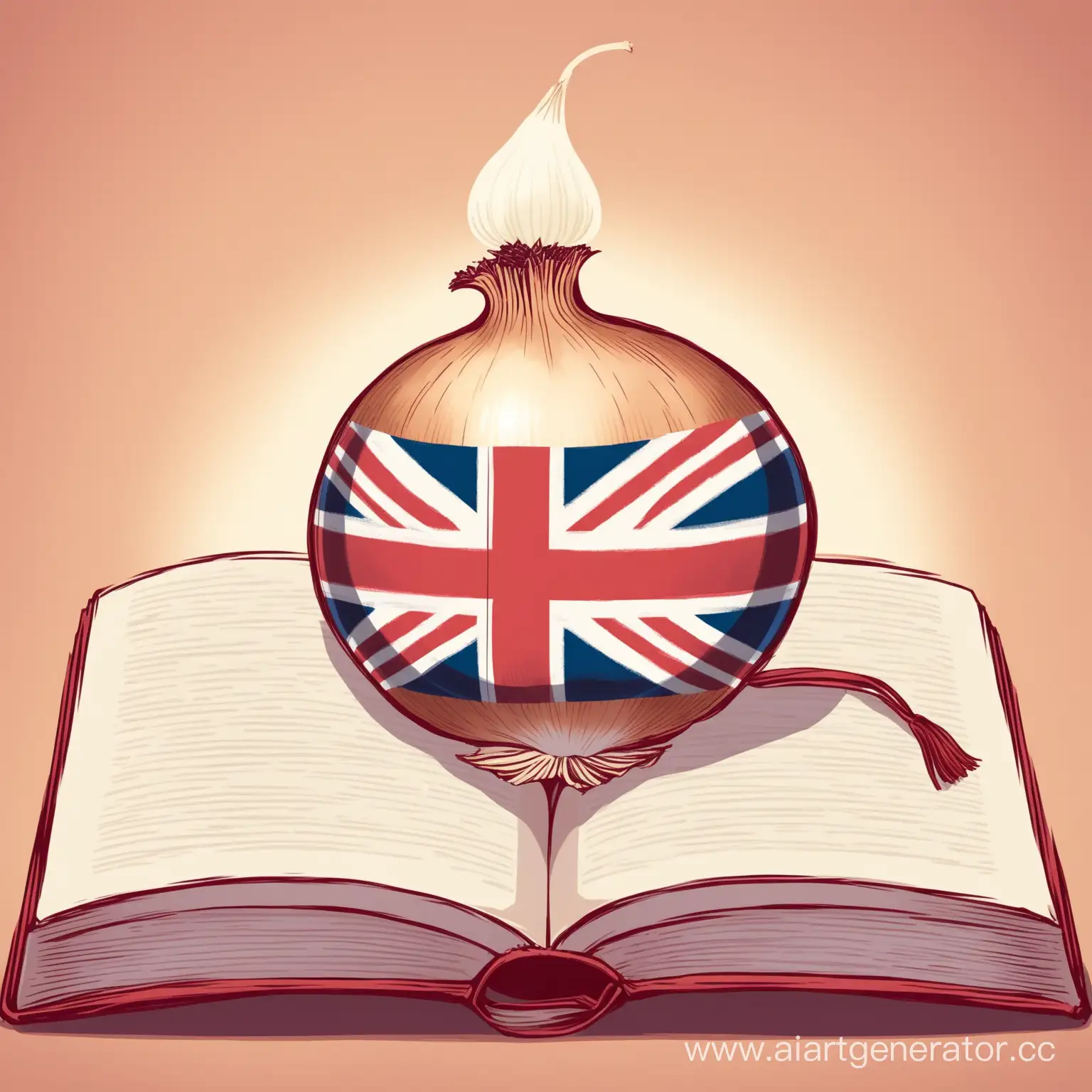 Репчатый лук читает книжку с изображением флага Великобритании