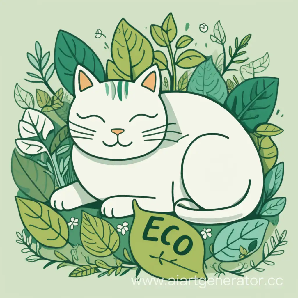 Зеленый радостный эко котик лежит а вокруг листики и растения и надпись эко-котик