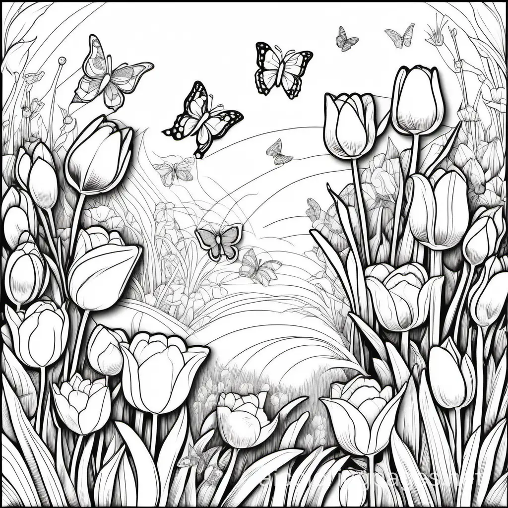 Adult Coloring book page, illustration, simple line drawing with white spaces and  outlines.  A peaceful spring garden with tulips, daffodils, and crocuses in glorious bloom with butterflies and dragonflies fluttering about in iridescent splendor, Coloring Page, black and white, line art, white background, Simplicity, Ample White Space. The background of the coloring page is plain white to make it easy for young children to color within the lines. The outlines of all the subjects are easy to distinguish, making it simple for kids to color without too much difficulty