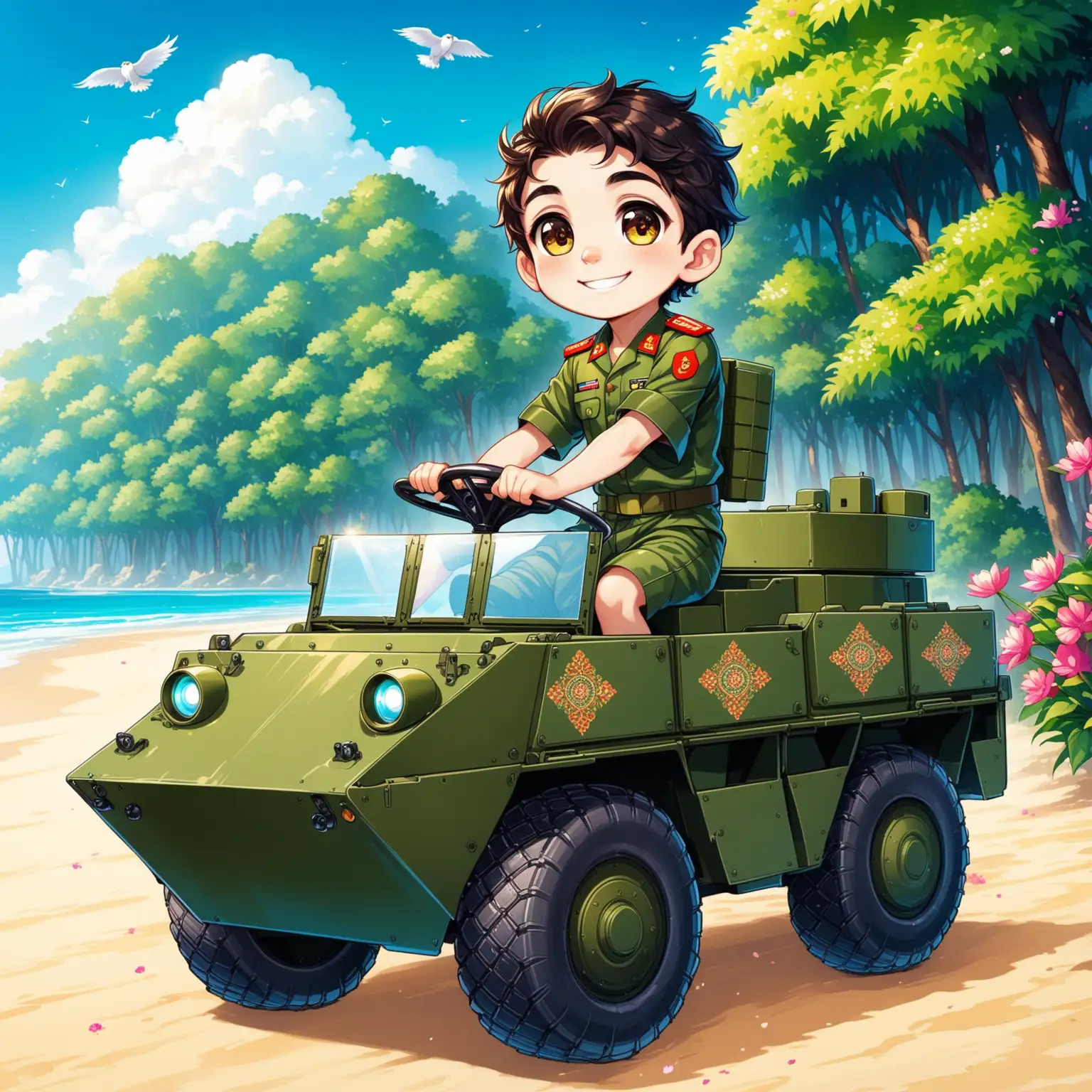 Character Persian 9 years old boy(riding military vehicle, smaller eyes, bigger nose, white skin, cute, smiling, clothes full of Persian designs, heavenly and warrior boy).

Atmosphere super high-tech and modern military vehicles around at a fantastic beach, flowers, forest.