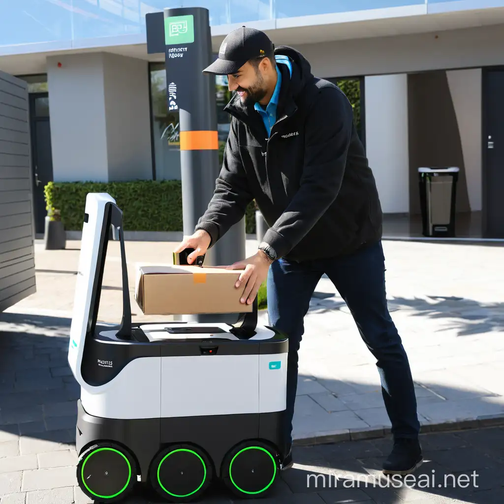 delivery driver putting parcel into delivery robot