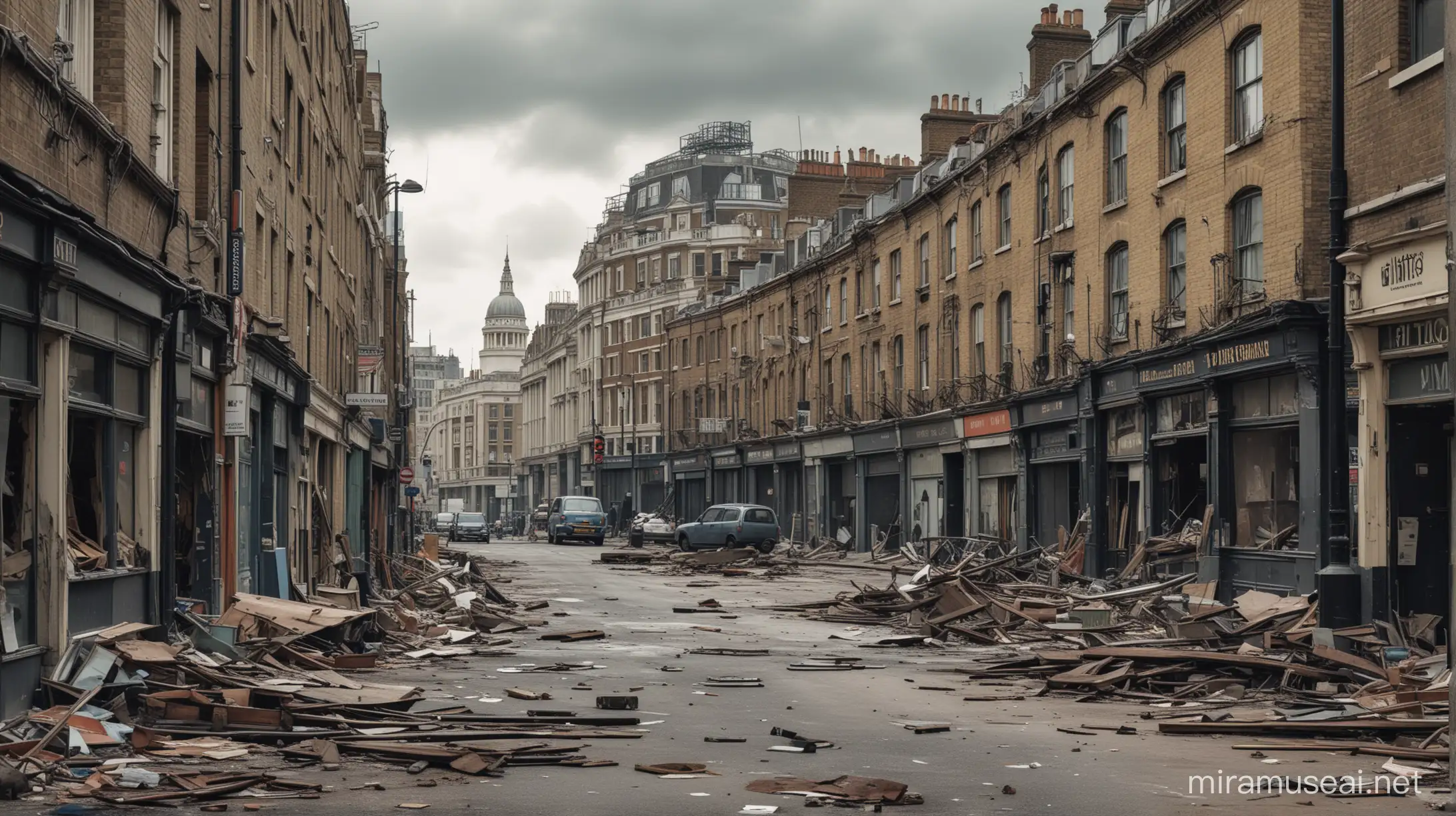 A book cover image. A wide view of a damaged, post apocolypse
 London from the street.
