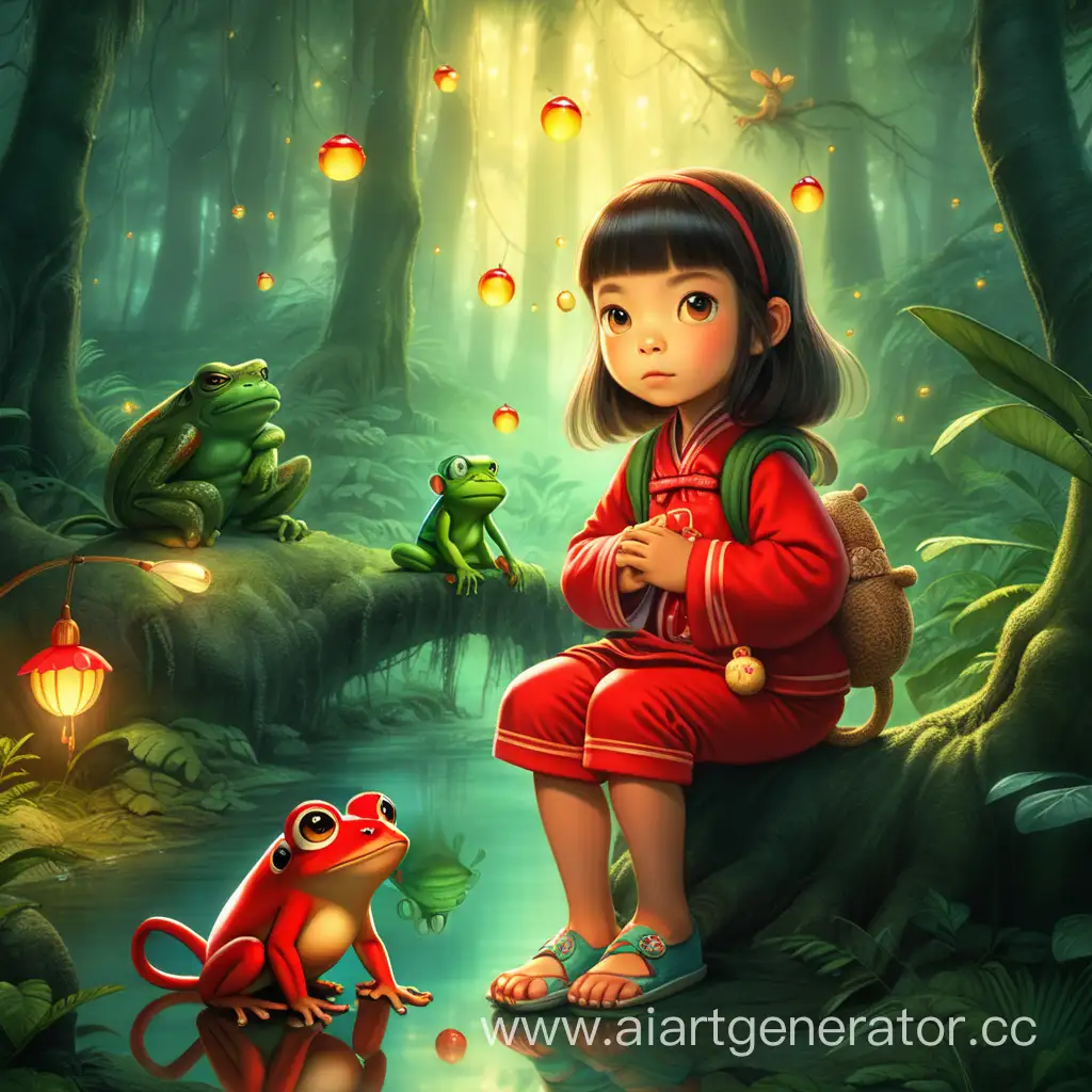 Enchanted-Forest-Scene-Chinese-Girl-with-Frog-and-Monkey