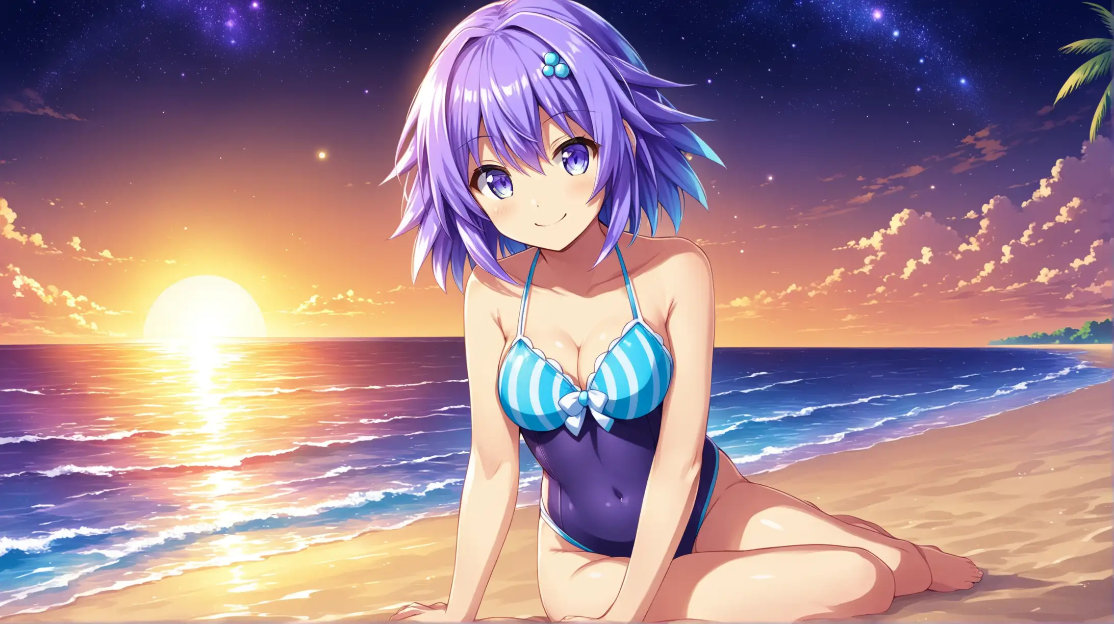 Draw the character Neptune from the Hyperdimension Neptunia series with short hair sitting at the beach alone at night while she is wearing a swimsuit and smiling at the viewer