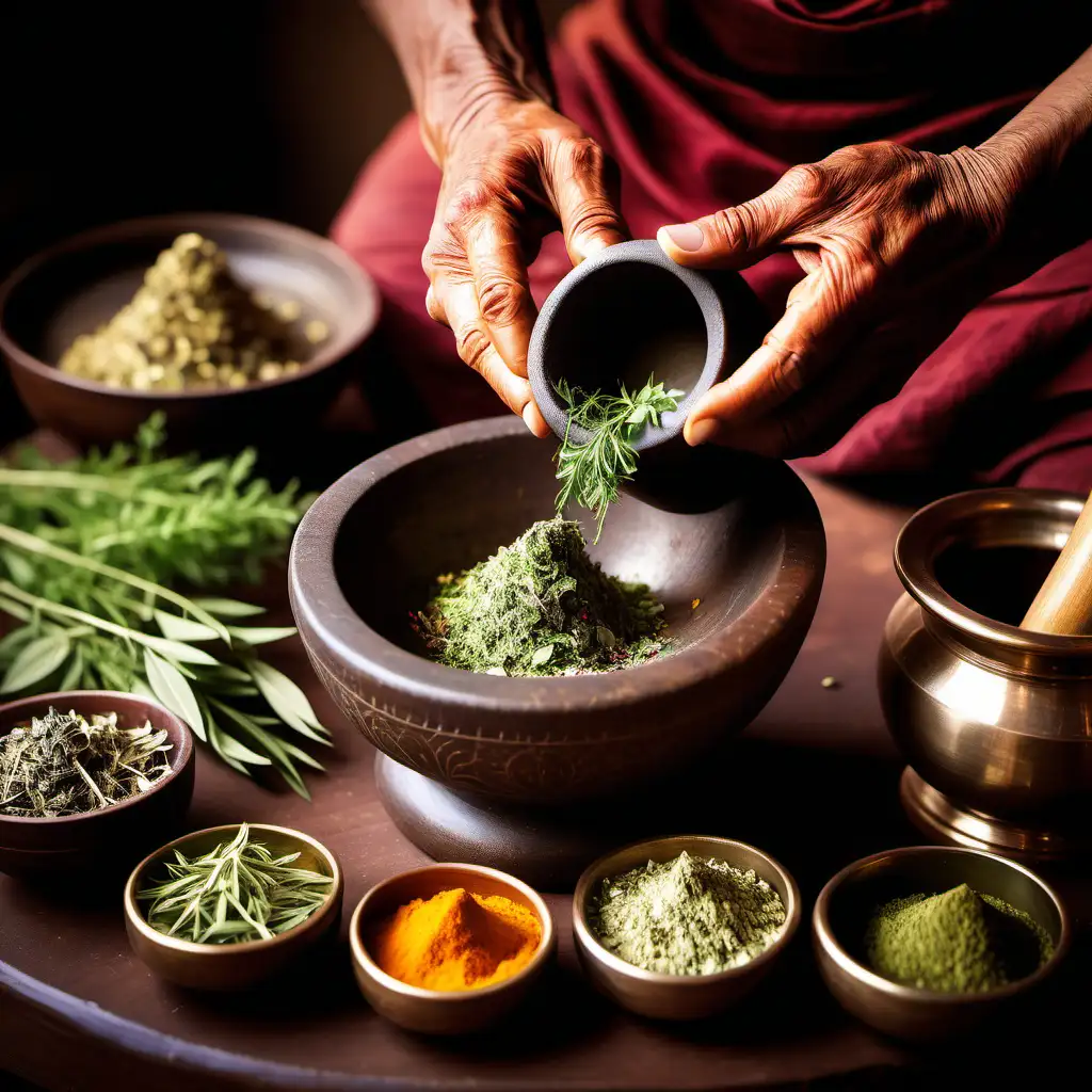 herbs being crushed in a pestle and mortar, by an indian saint in a ancient ayurvedic setup with serenity and tranquility