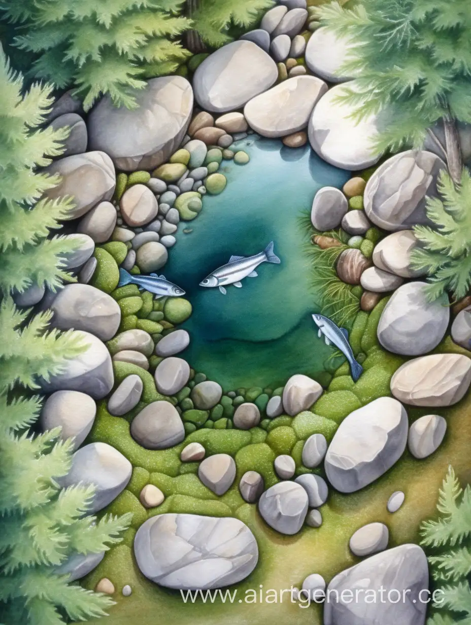 Serene-Watercolor-Landscape-Round-Lake-with-Mossy-Shore-and-Forest