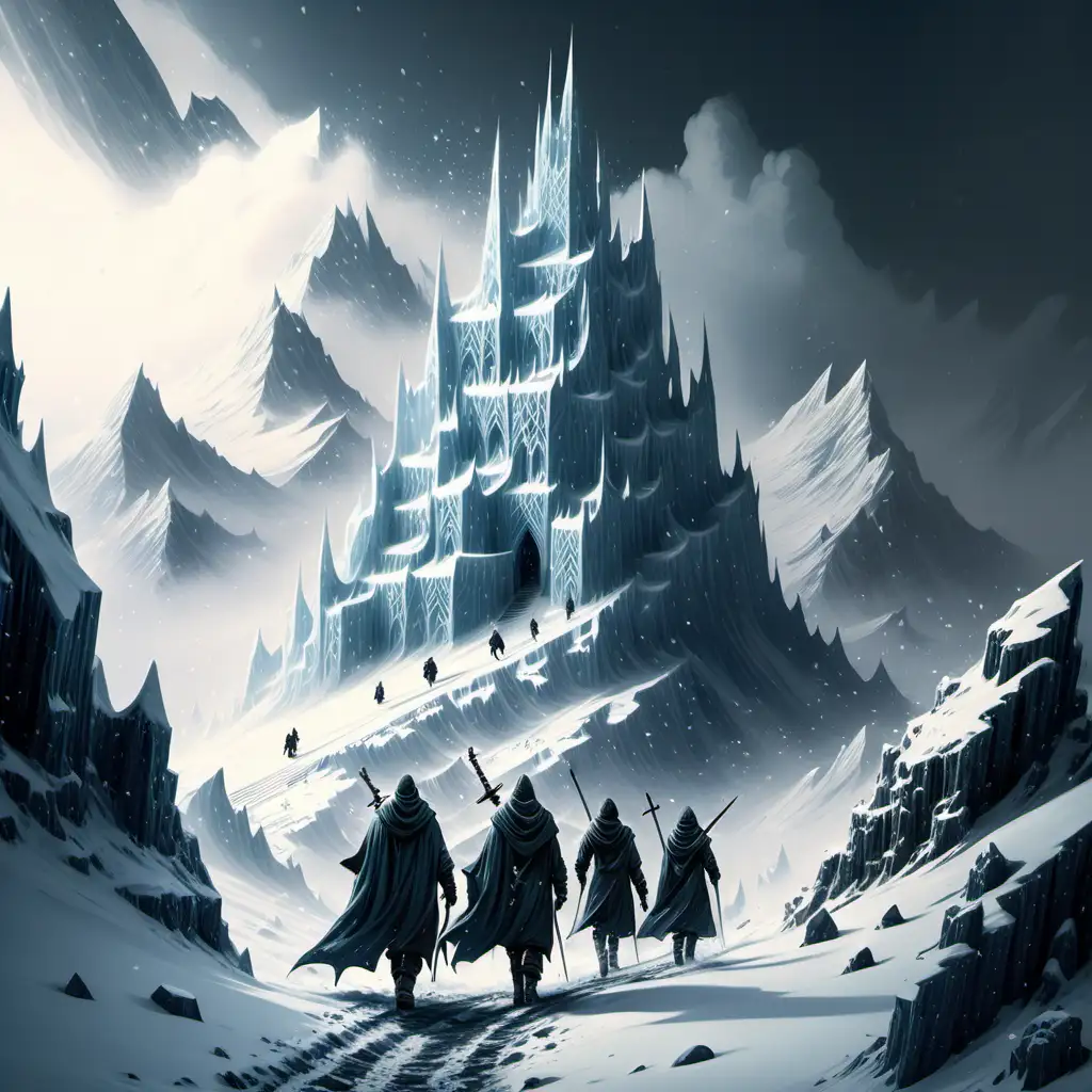 Immense, snowy mountains with shapes resembling icy snow castles.  Snow is falling.  Two men, one with a sword strapped to his back, and two smaller women in cloaks walk up the mountain slope with their backs to us
