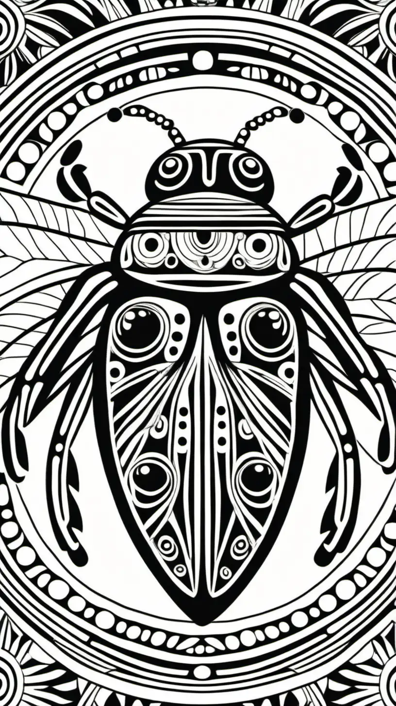 tribal ladybug pattern, coloring book image, thick black clean lines, native American Indian style,