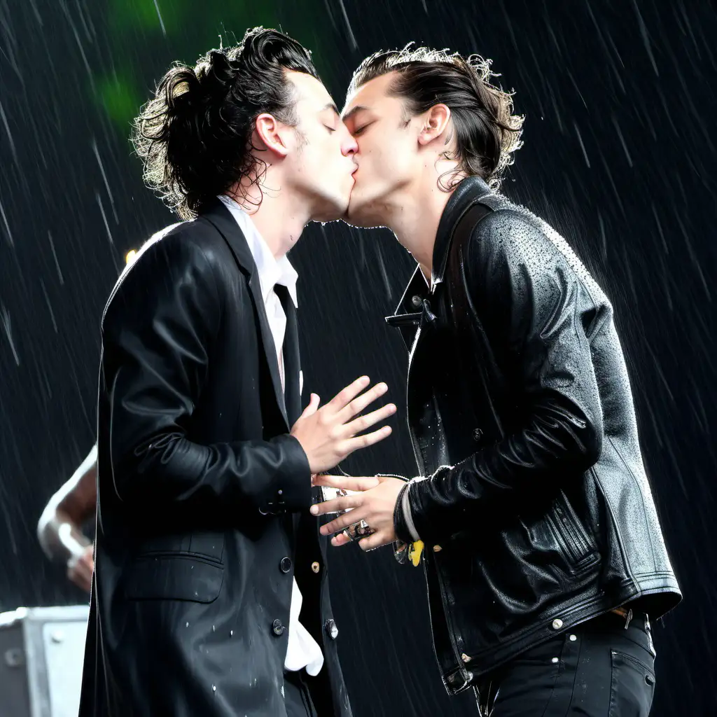 Matt Healy and Harry Styles kissing passionately in the rain