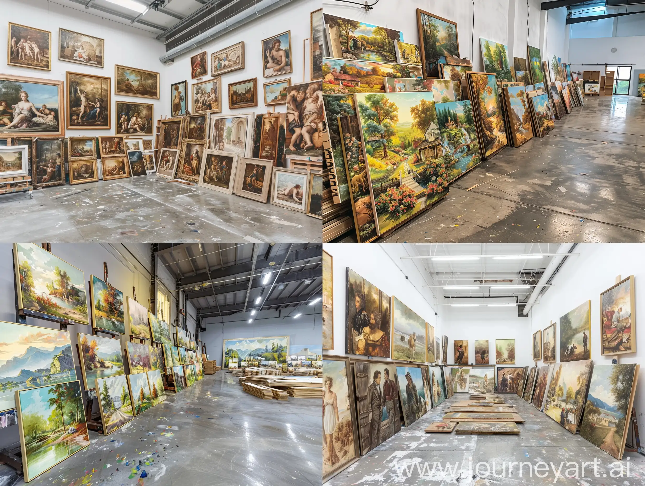 (((Super large oil painting studio))),(((A large number of hand-painted oil paintings))),((Arranged in an orderly manner)),((Cement matte floor is clean and non-reflective)),(Real, 8K resolution image quality, panoramic), 