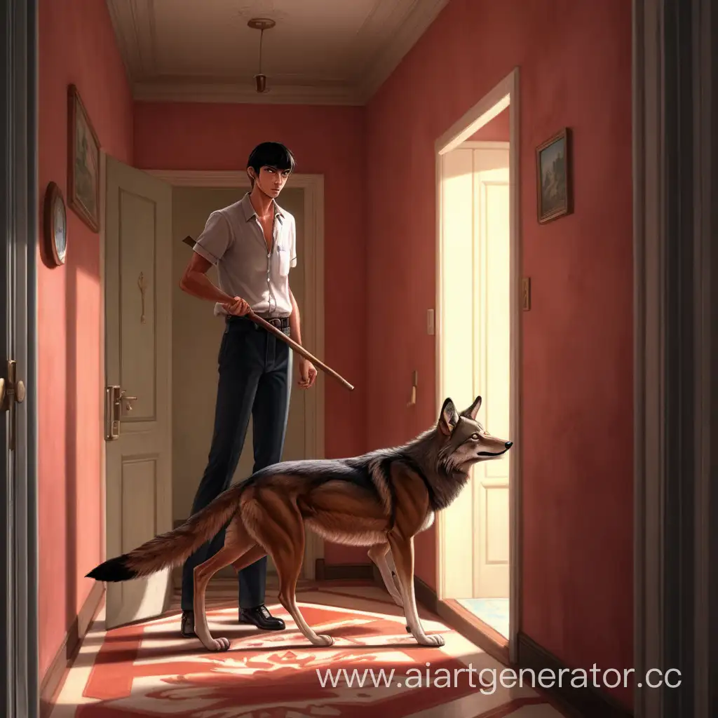 Limping-Man-Petting-Skinny-Red-Wolf-in-Soviet-House-Corridor