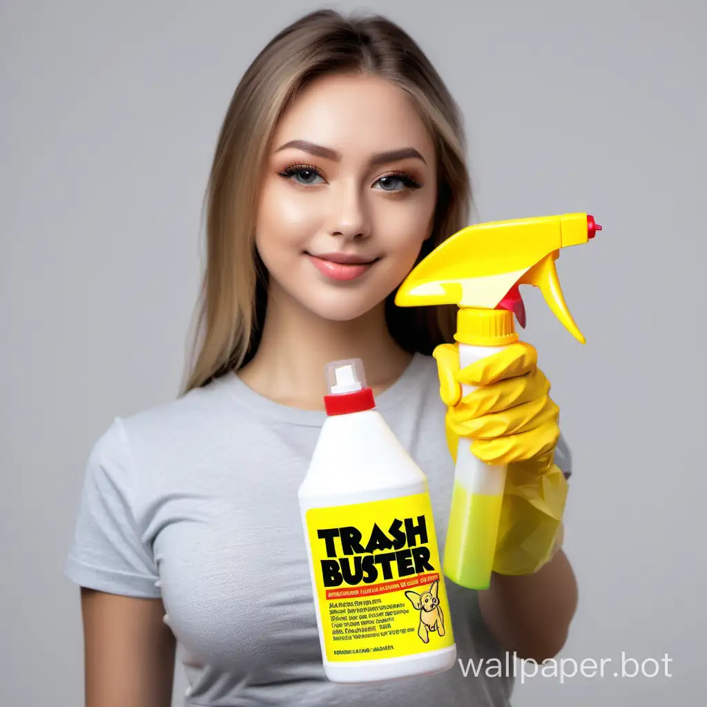 A beautiful sexy girl shows a spray bottle yellow Trigger universal cleaning agent, with the label TRASH BUSTER, cleaning up after the pet.