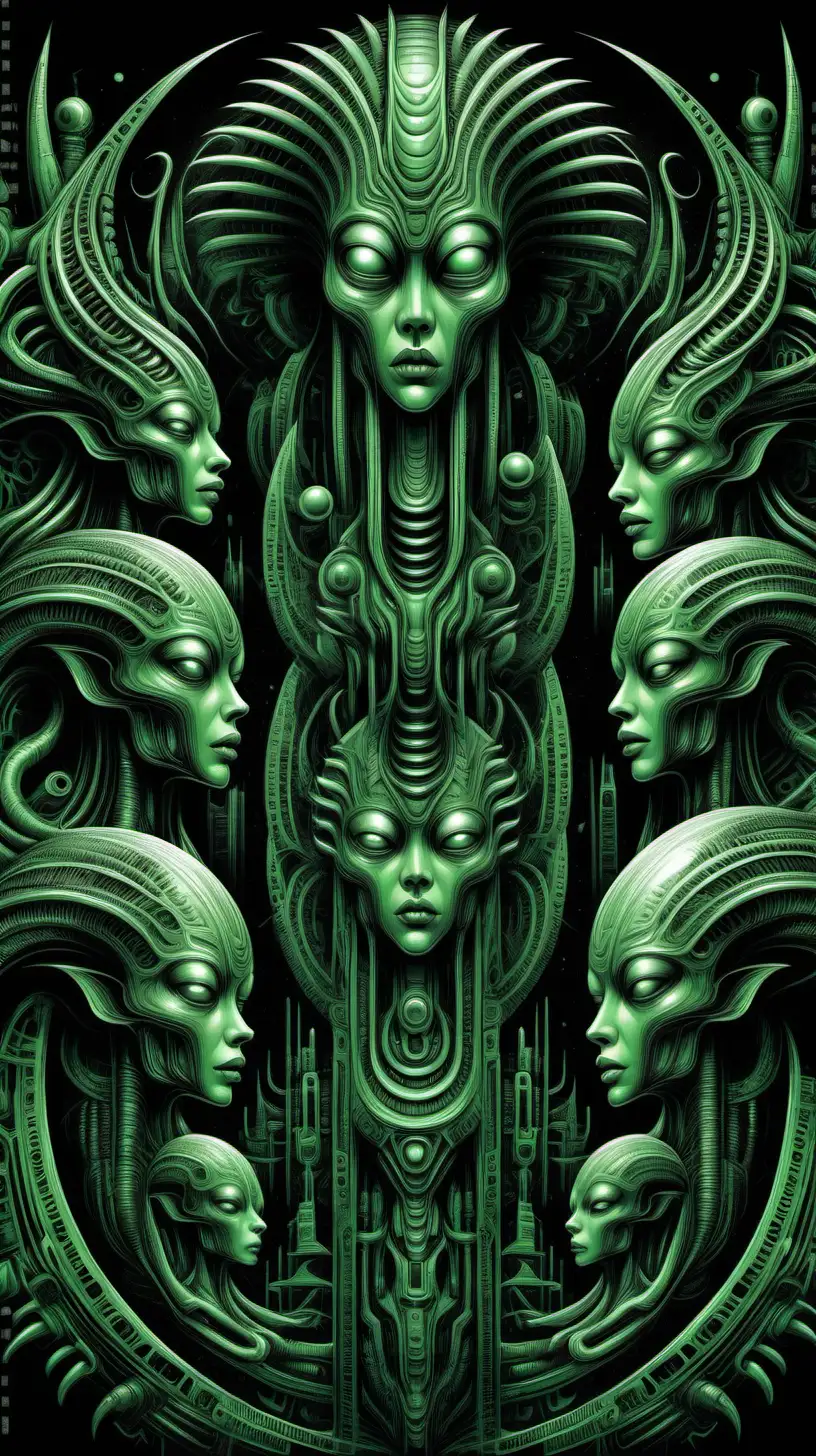 Totem in the style of ethereal geometry, Giger forms, intricate black and white illustrations, green highlights, a black background, mirrored realms, made of different creatures, graphic design-inspired illustrations