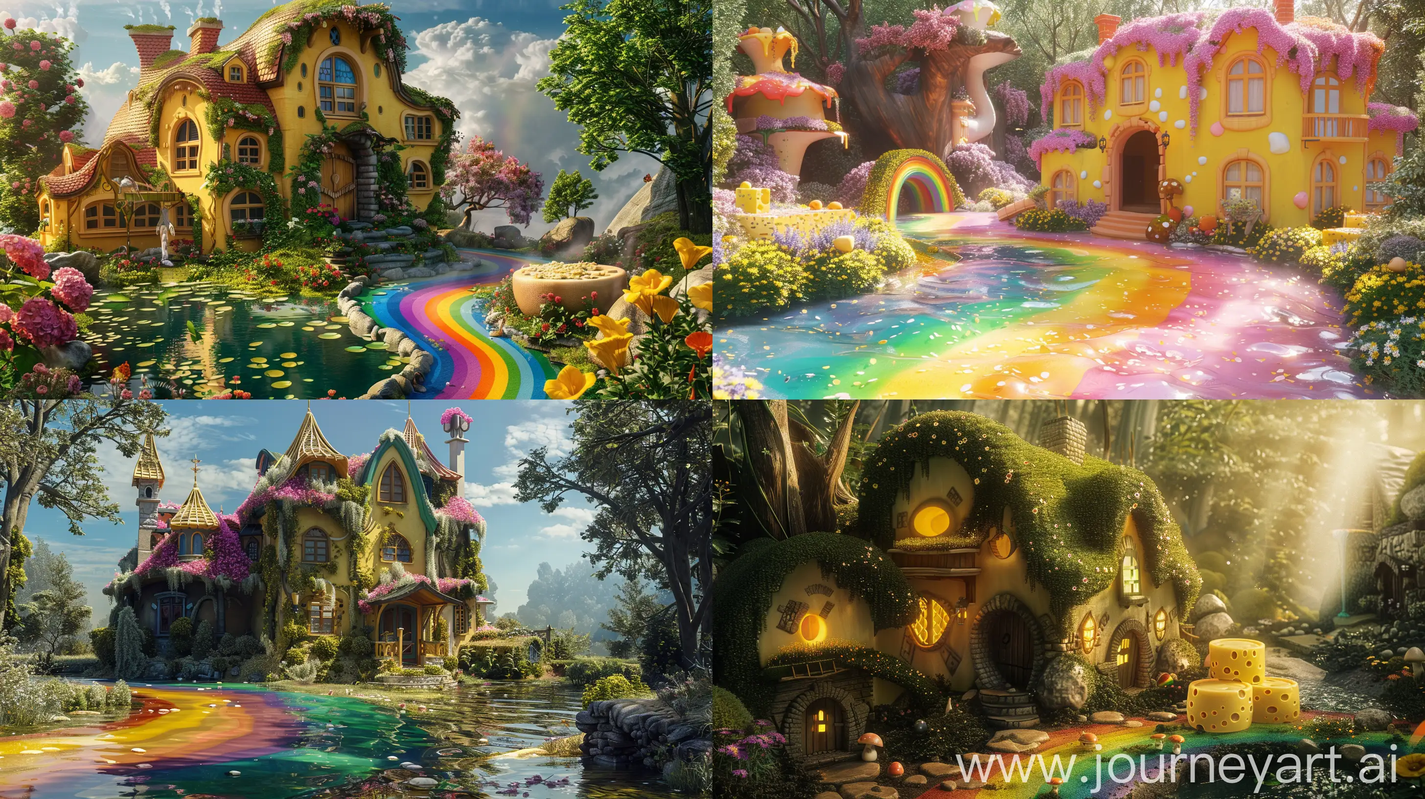 combination of paradise and house and rainbow milk and cheese and garden, beautiful, fantasy style, hyper realistic --ar 16:9