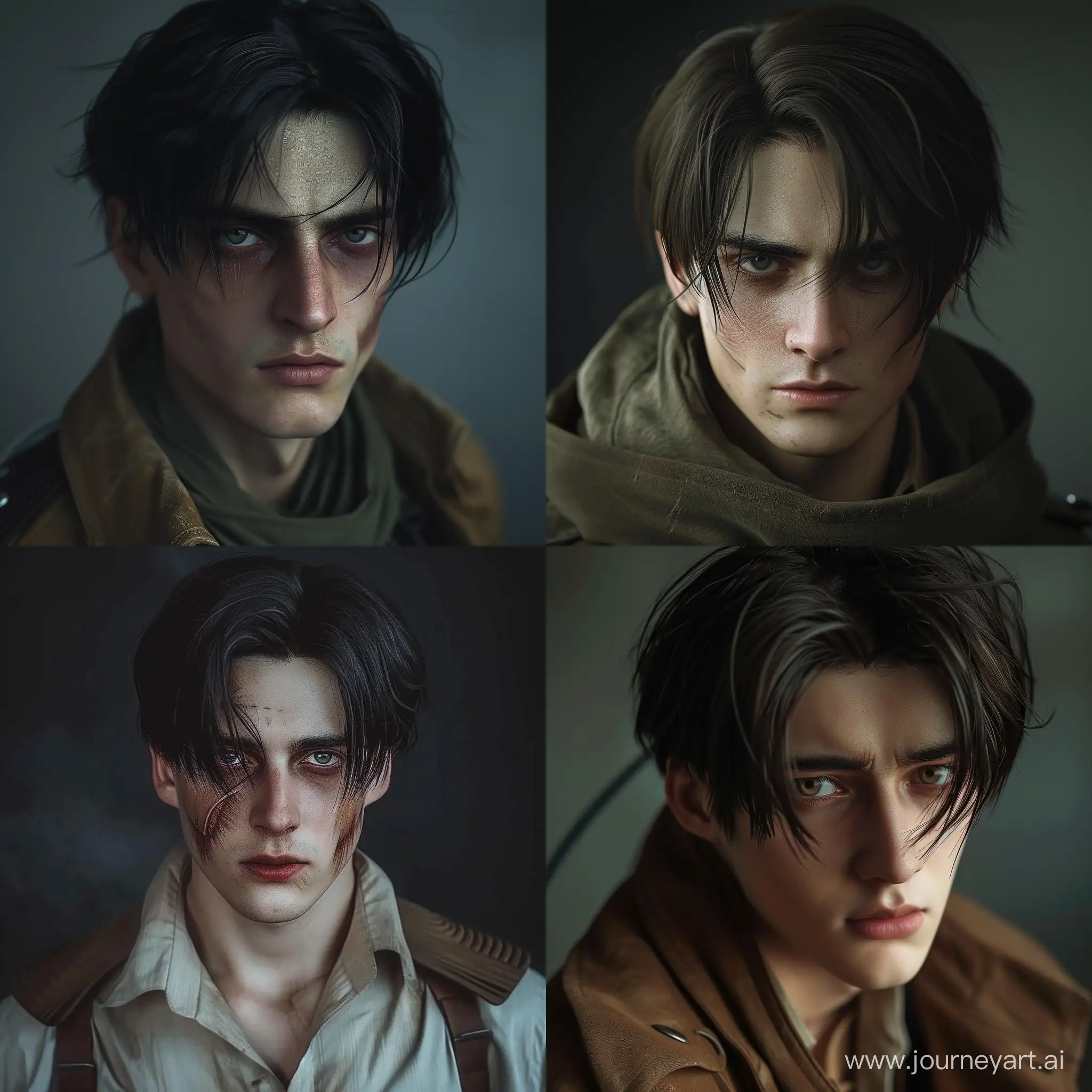 Hyper Realistic Levi Ackerman from attack on Titan with normal dark circles and in his 30s
