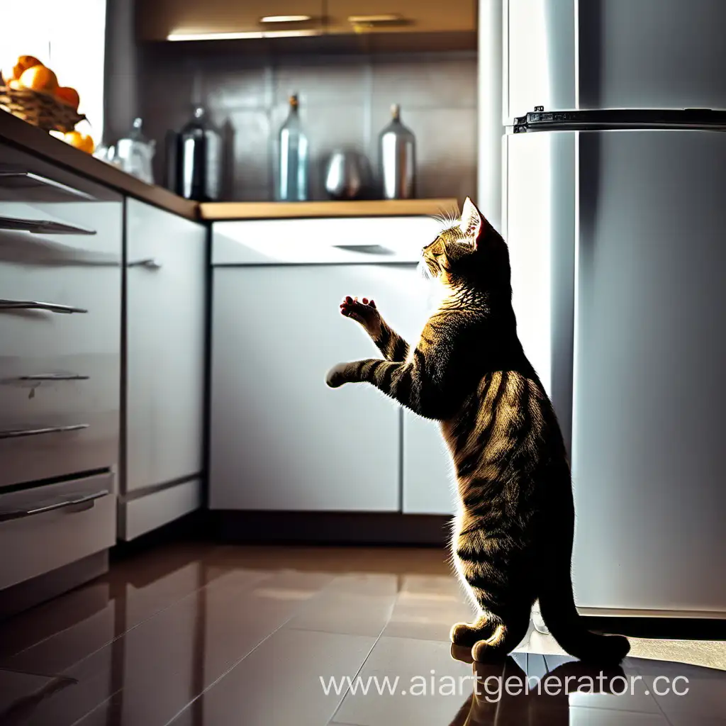 Кот стоит на задних лапах и молится на холодильник