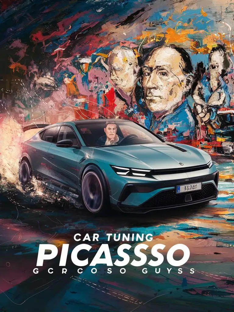 Make a logo for car tuning picasso guys. Picasso is driving a modern car on a canvas. 