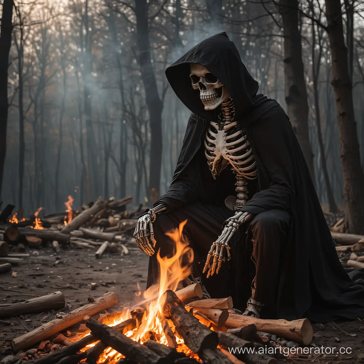 Скелет в черном плаще с капюшоном сидит у костра и греется