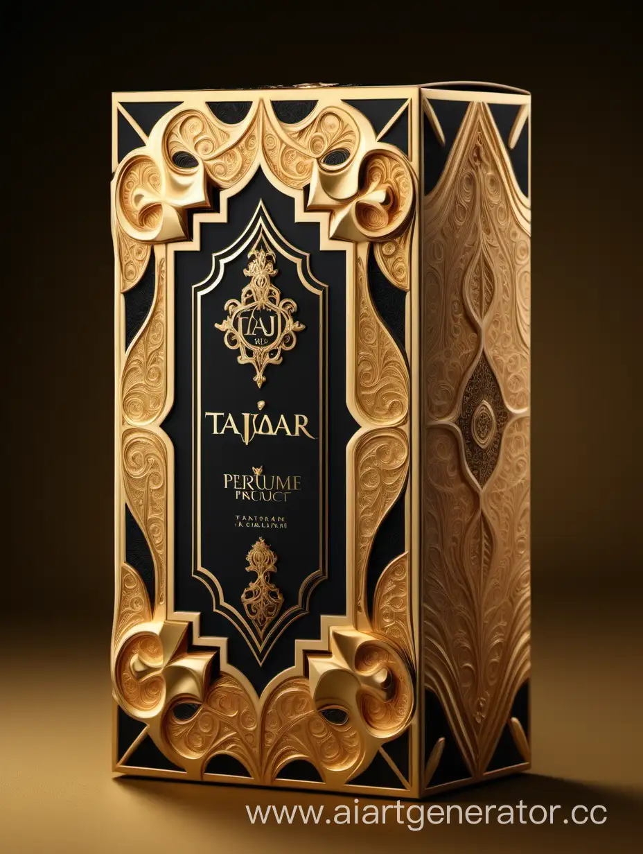 Box package design of perfume TAJDAR product, elegant, trending on artstation,   sharp focus,   studio photo,   intricate details,   highly detailed,   gold, Royal black and beige color on gold background