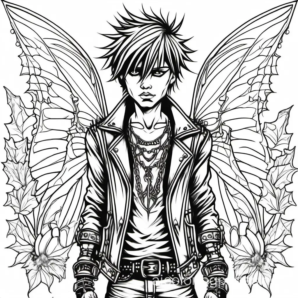 line drawing detailed adult coloring page of handsome gothic punk rock style boy fairy. no color. ample white space for coloring. , Coloring Page, black and white, line art, white background, Simplicity, Ample White Space. The background of the coloring page is plain white to make it easy for young children to color within the lines. The outlines of all the subjects are easy to distinguish, making it simple for kids to color without too much difficulty