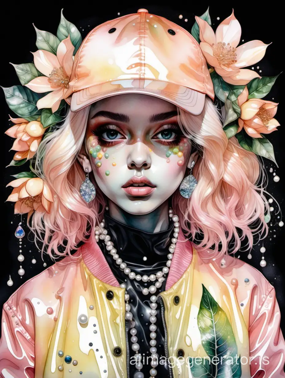 😍             girl, eclectic art portrait, ink, wet watercolor, silk, big eyes, holographic lemon jacket, peach flowers in hands, light hair sticking out from under the cap, choker, earrings, pearls, glitter, rhinestones, caustic, aesthetically pleasing, dark botanical, double exposure
