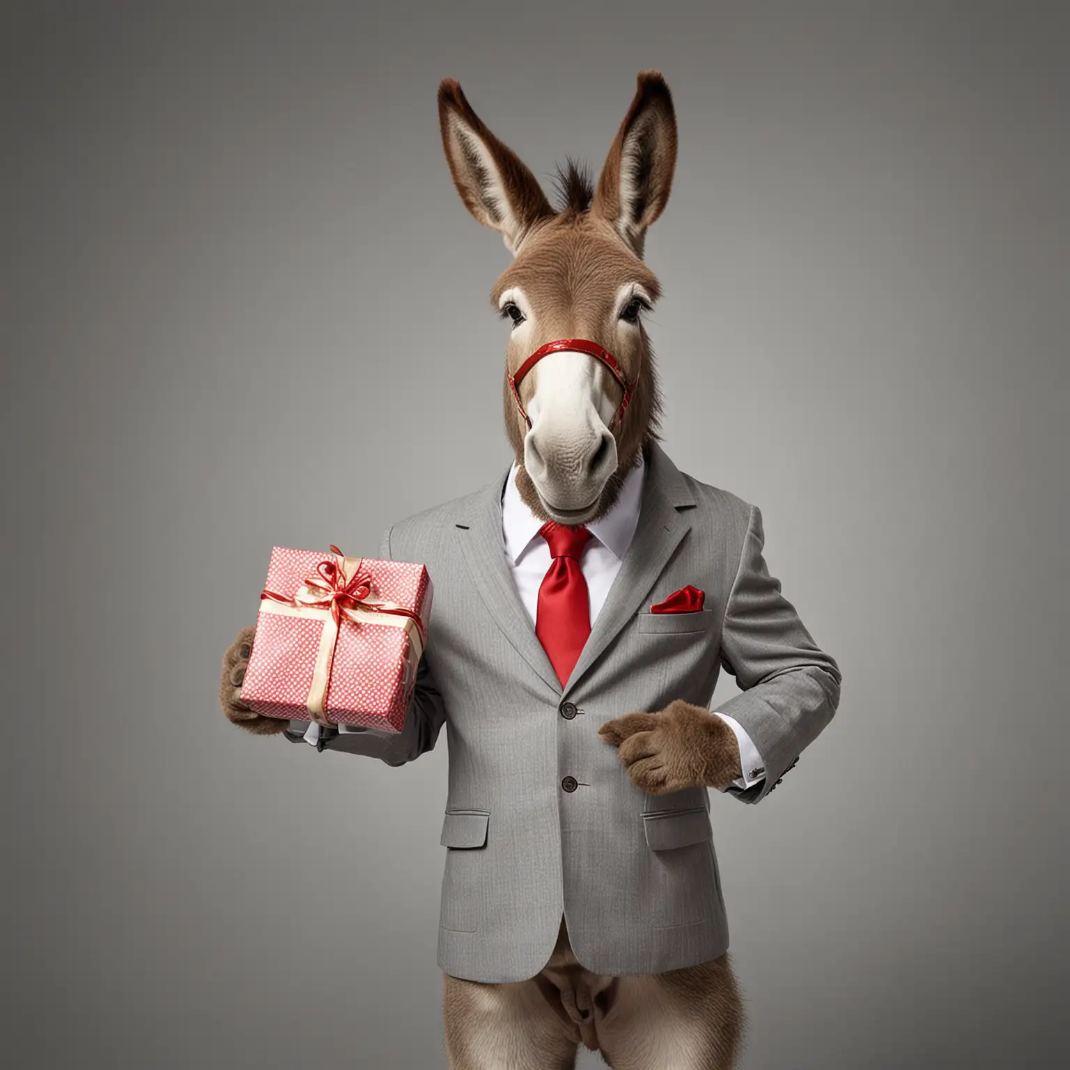 Formally Dressed Donkey Presents a Gift