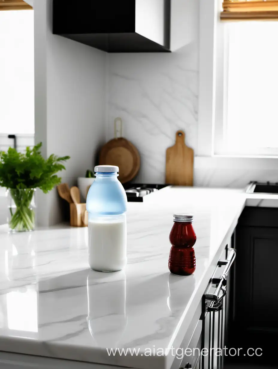 изобрази белую столешницу на кухне на котором стоят детская бутылочка с молоком