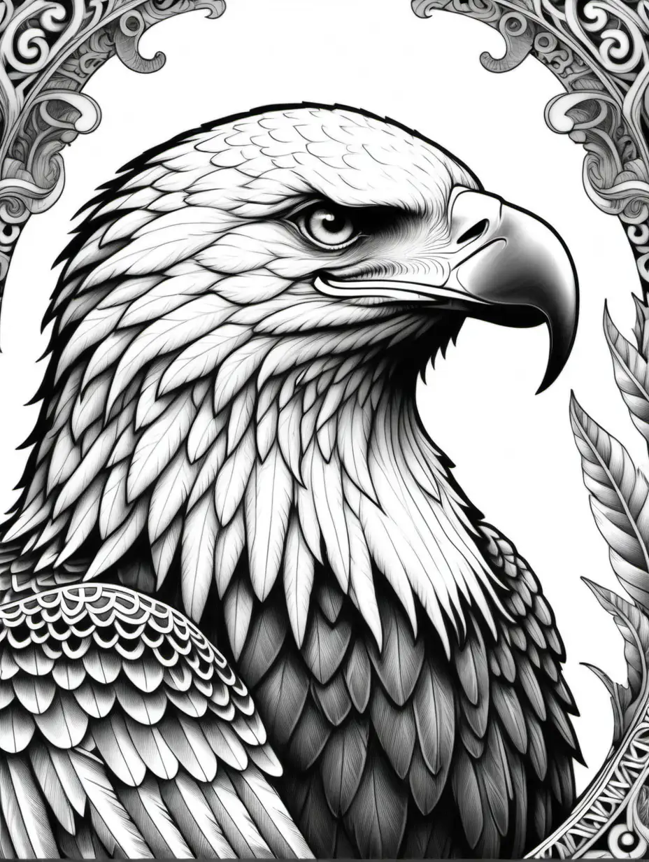 adult coloring book, black and white, intricate, fantasy, profile, eagle,  high detail, no shading