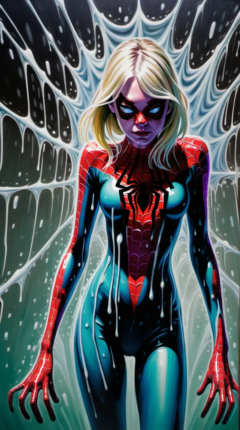 Colorful, surreal life, Gwen Stacy, ghost-spider suit, painting, wet 
