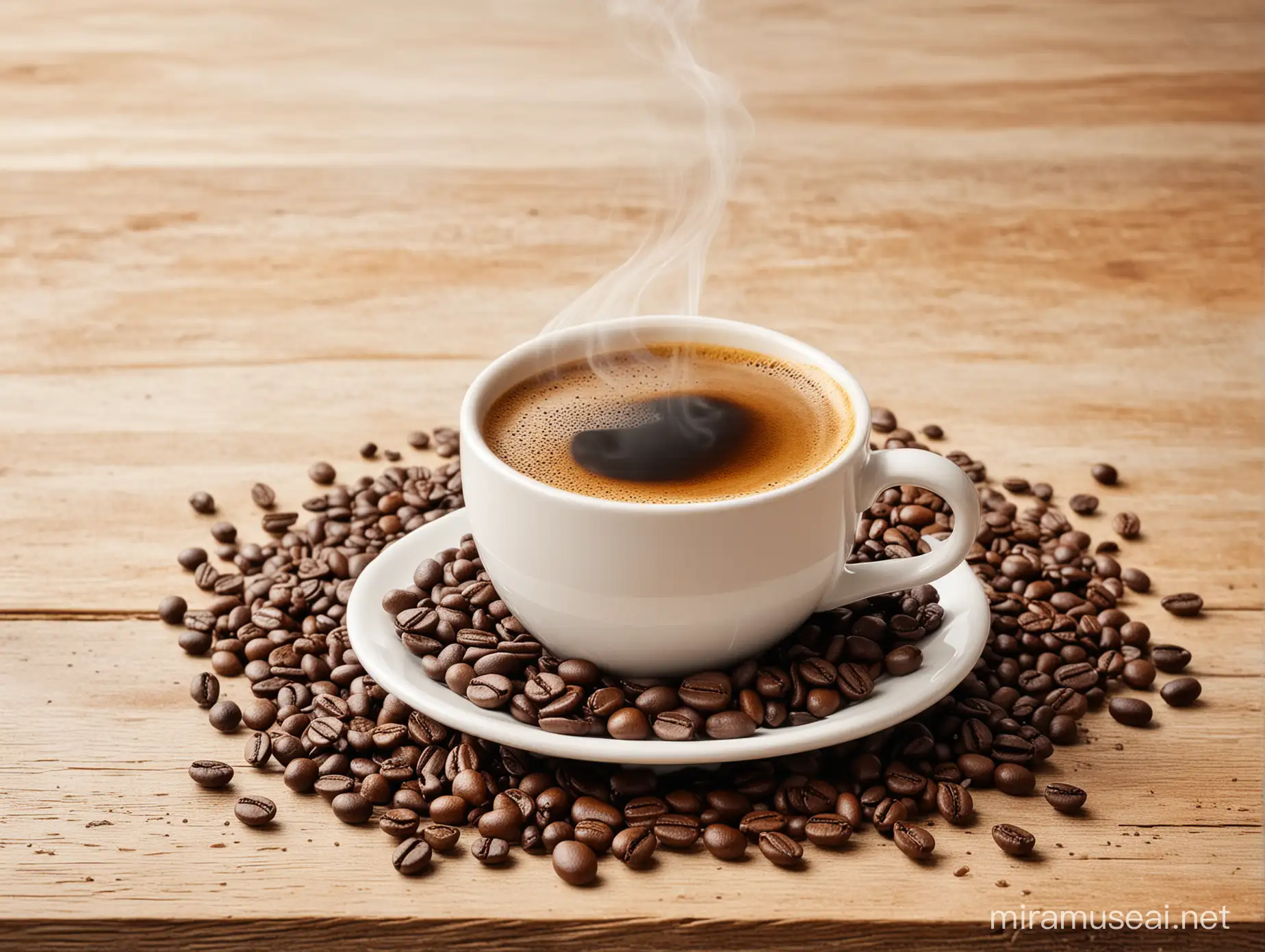 A steaming cup of coffee sits on a rustic wooden table, surrounded by a scattering of freshly roasted coffee beans. The warm, earthy tones of the beans contrast beautifully against the crisp white background, creating a visually stunning image.