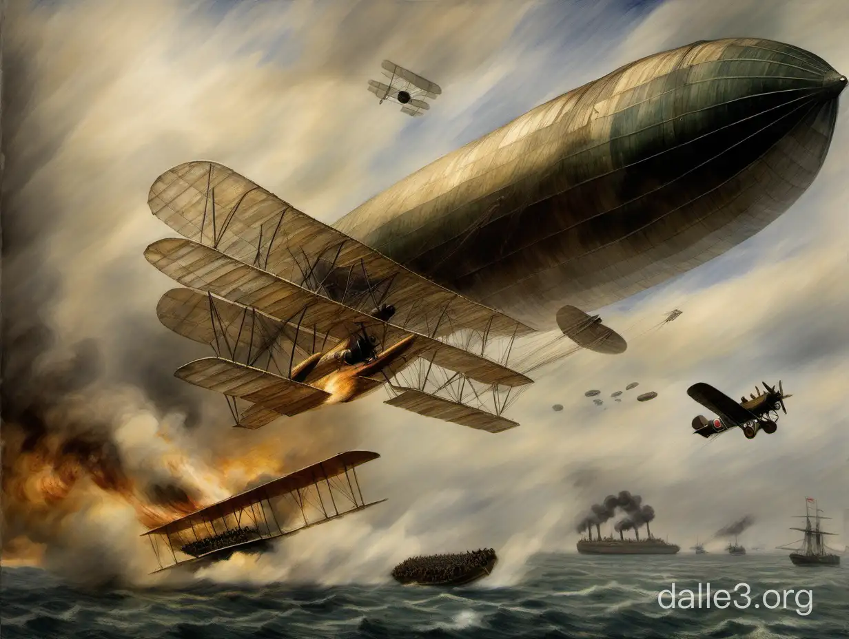 An impressionist and baroque detailed painting depicting a WW1 fighter triplan strafing down a WW1 battle airship.