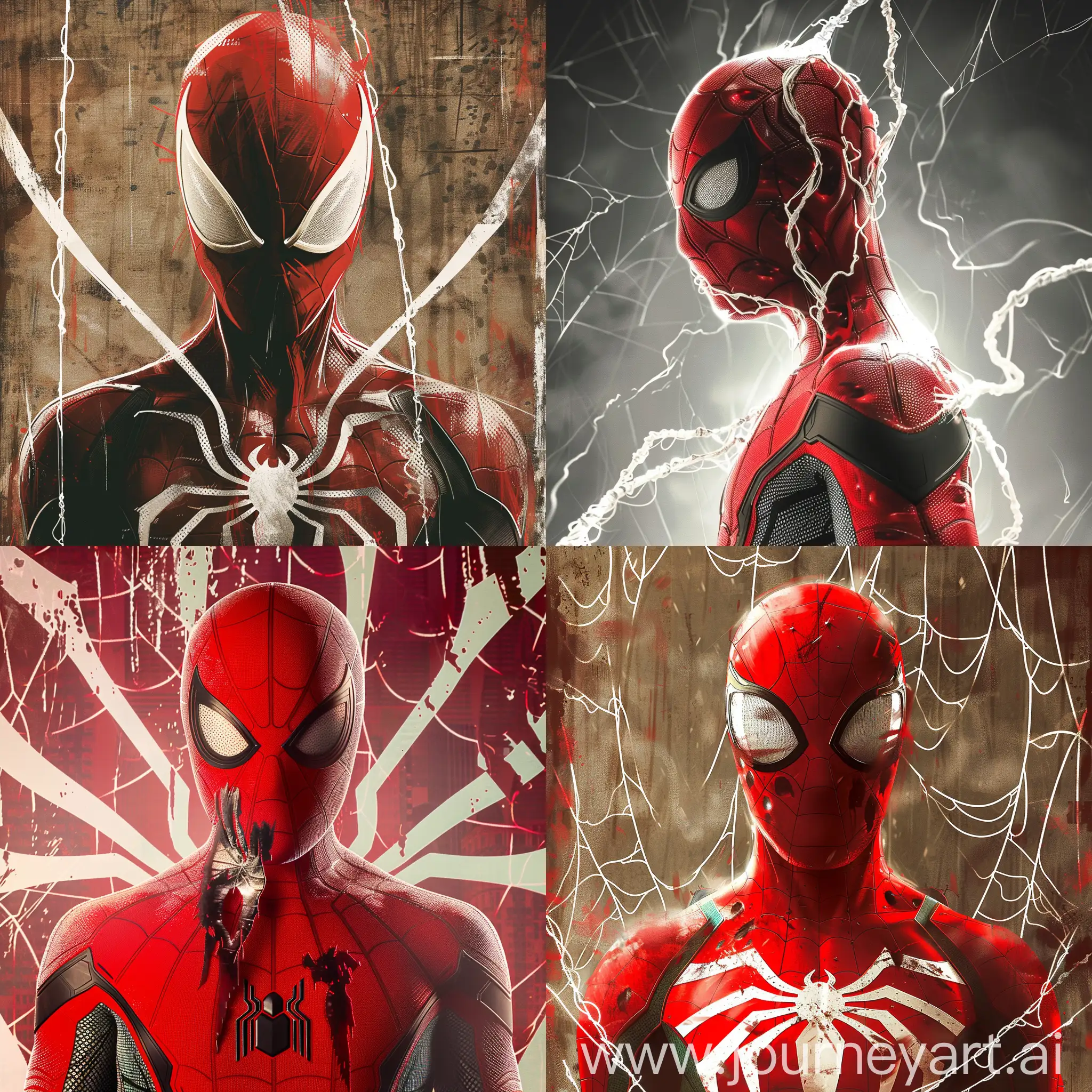8k Cinematic movie poster , spider-man  advanced   suit with white long spider symbol with MCU Spider-Man mask is a red mask with too small very short mechanical movable expressive black and white eyelenses , web patterns.