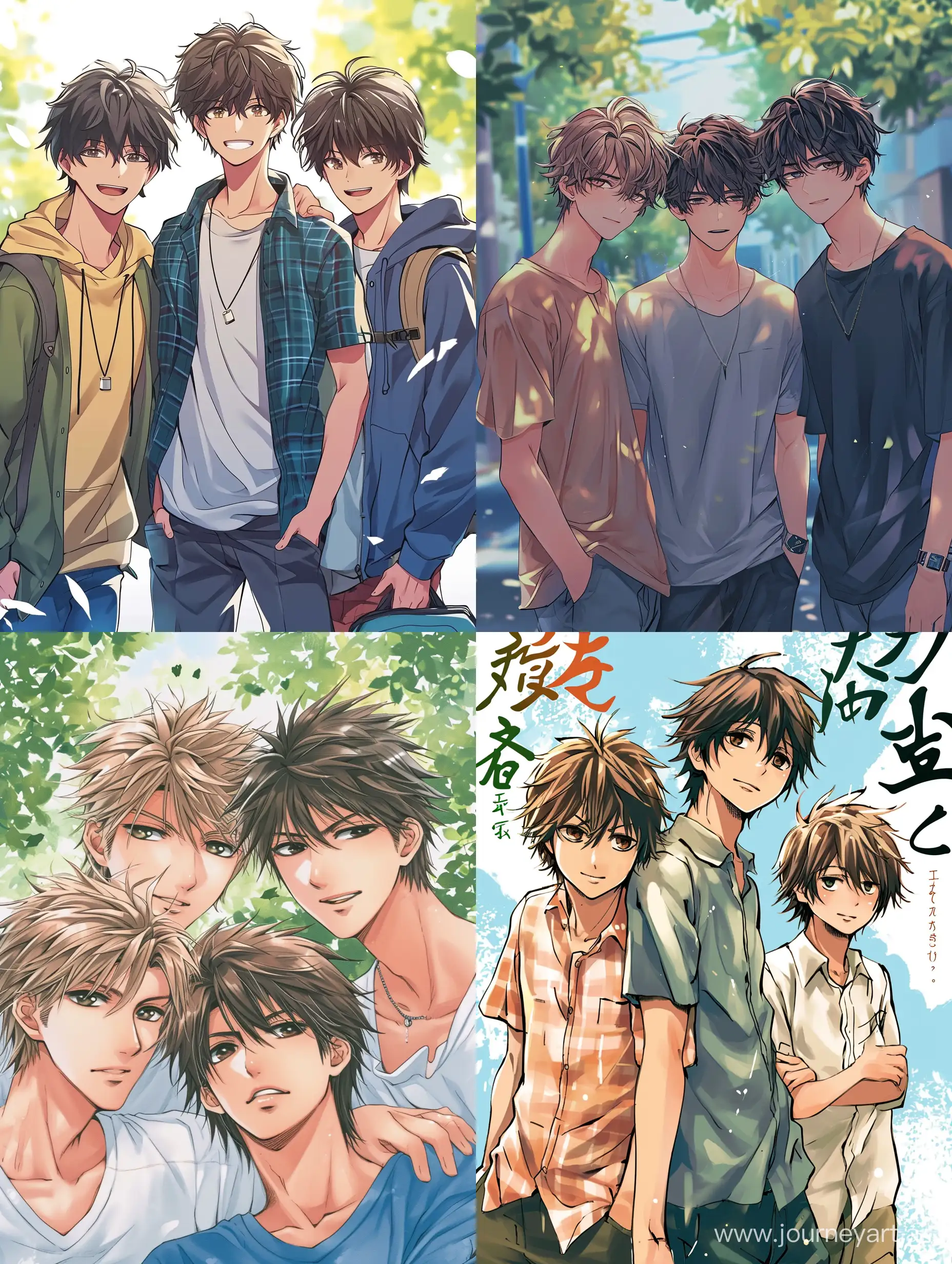 Anime style, three boys, frinedship, the cover for Light novel. 