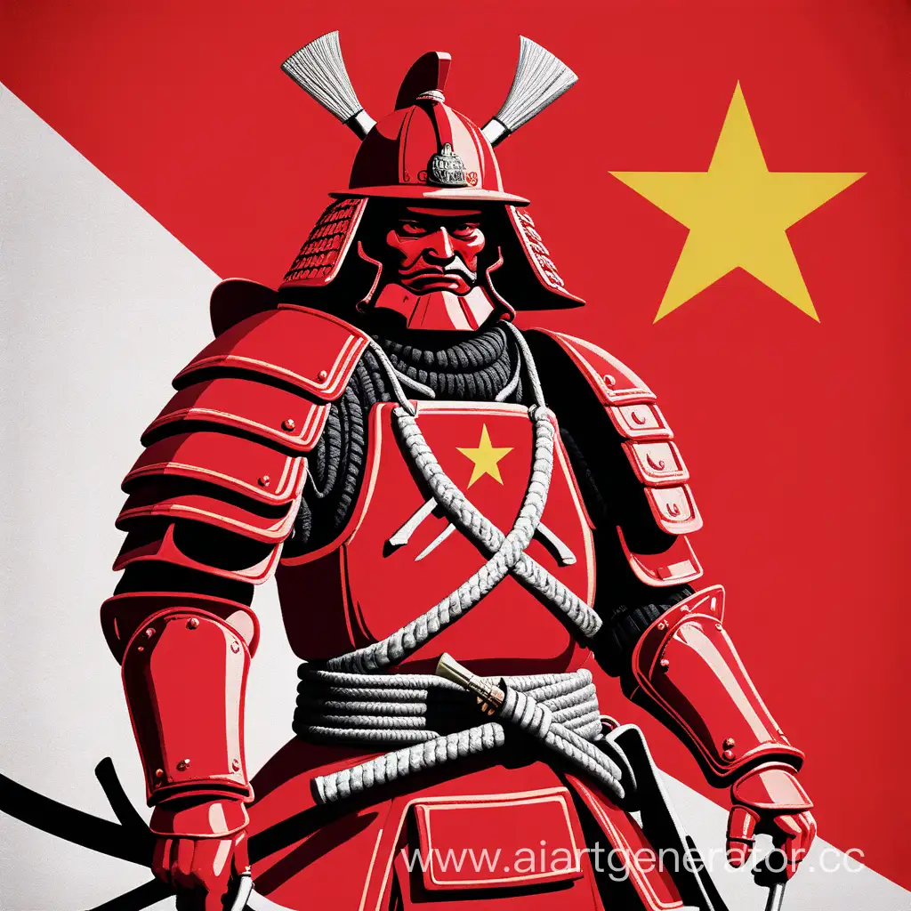 Самурай коммунист в красном боевом доспехе на фоне флага ссср