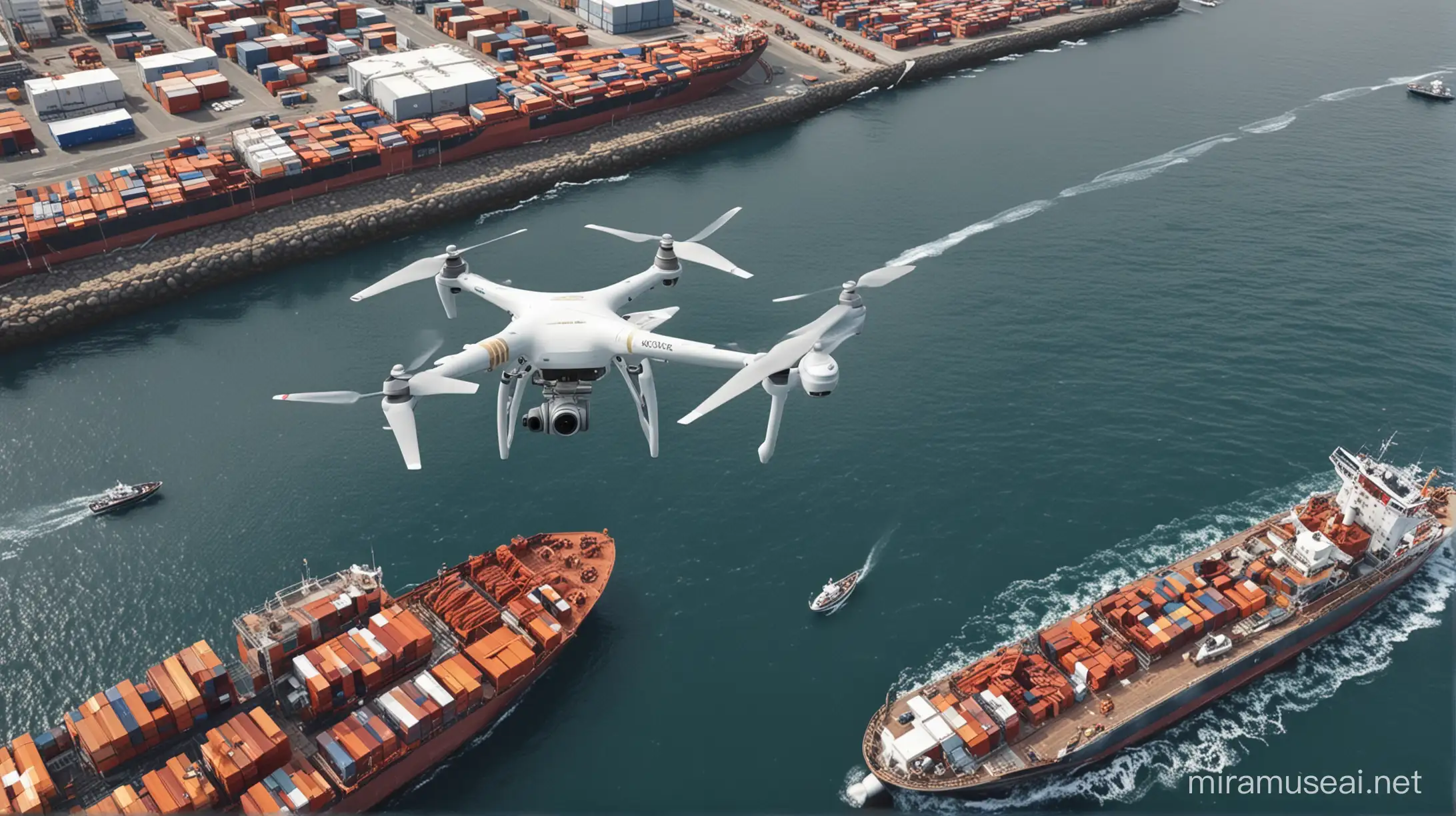 Create an illustration depicting a drone in flight over a maritime setting, showcasing its various use cases. Highlight scenarios such as inspection of enclosed spaces, navigation in reduced visibility, assistance in firefighting, search and rescue operations, and drydock inspections. Capture the drone's interaction with ships, ports, and other maritime infrastructure, emphasizing its role in enhancing safety, efficiency, and innovation in the maritime industry. Reduce size of the drone