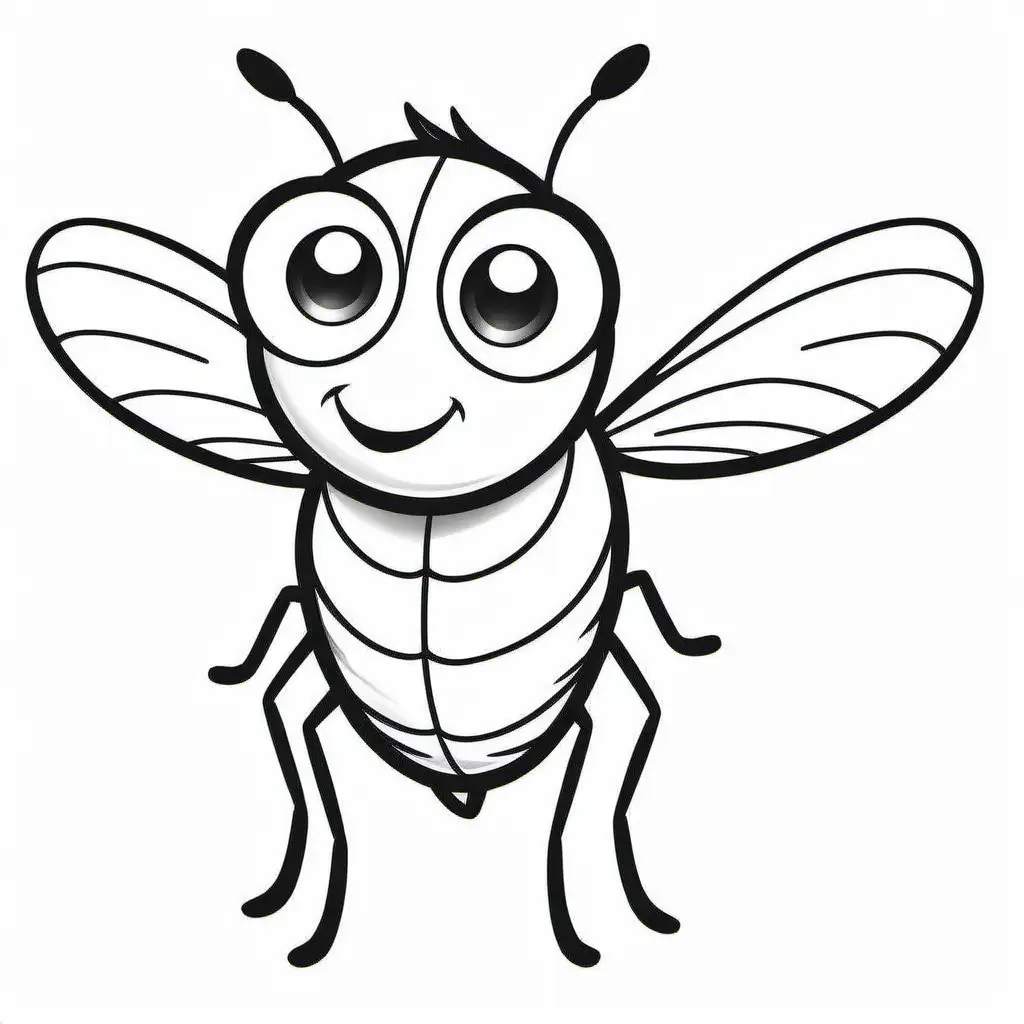 australian cartoon fly drawing black and white, kids colouring book stencil, black lines only white background, fine lines, friendly cartoon