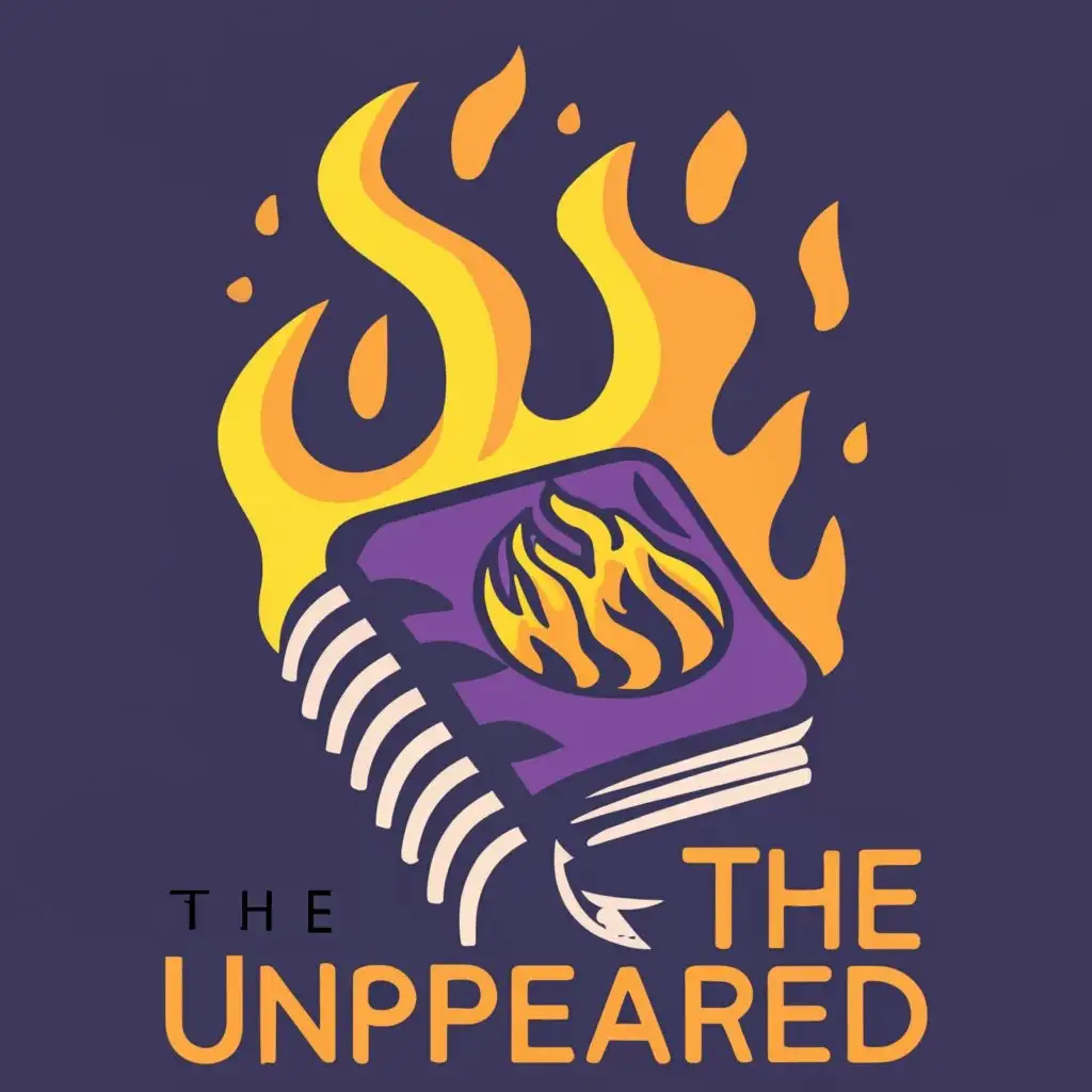 D&D style logo, book on fire, with the text "The UNPREPARED", typography, purple flame, 90s memphis style