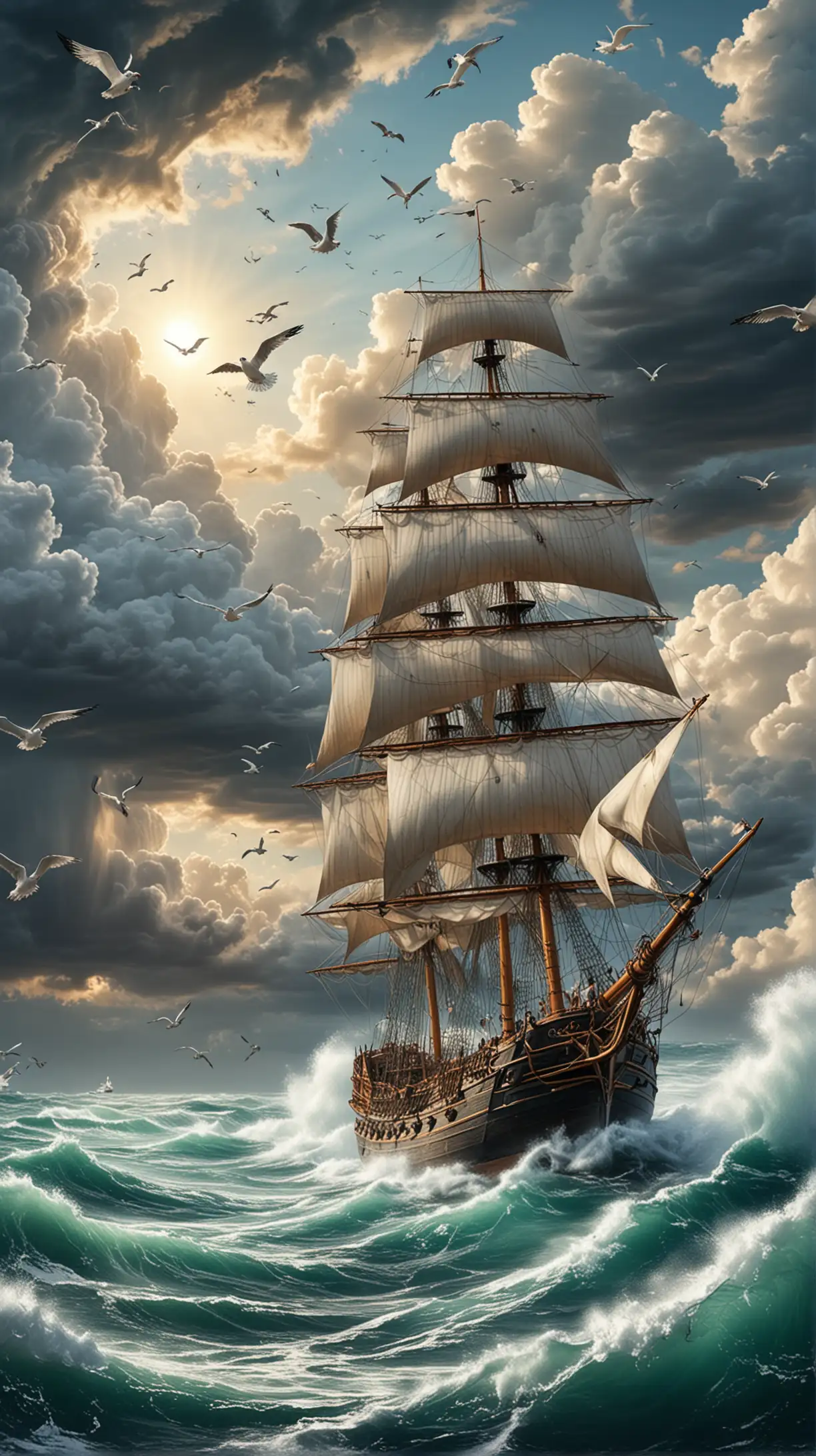 Бушующий океан корабль плывущий  в небе чайки летят тучи 