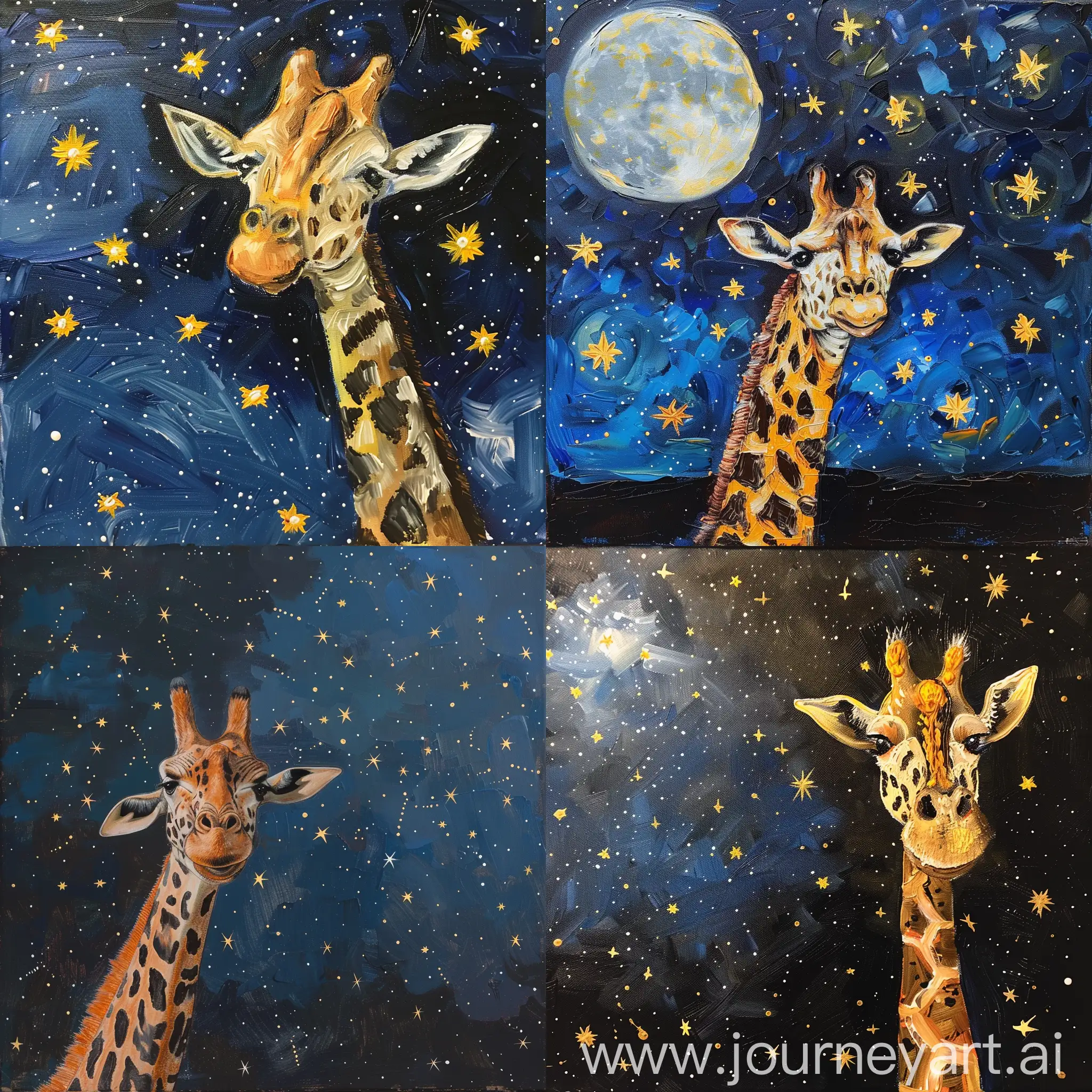 Giraffe painting stars in the night sky