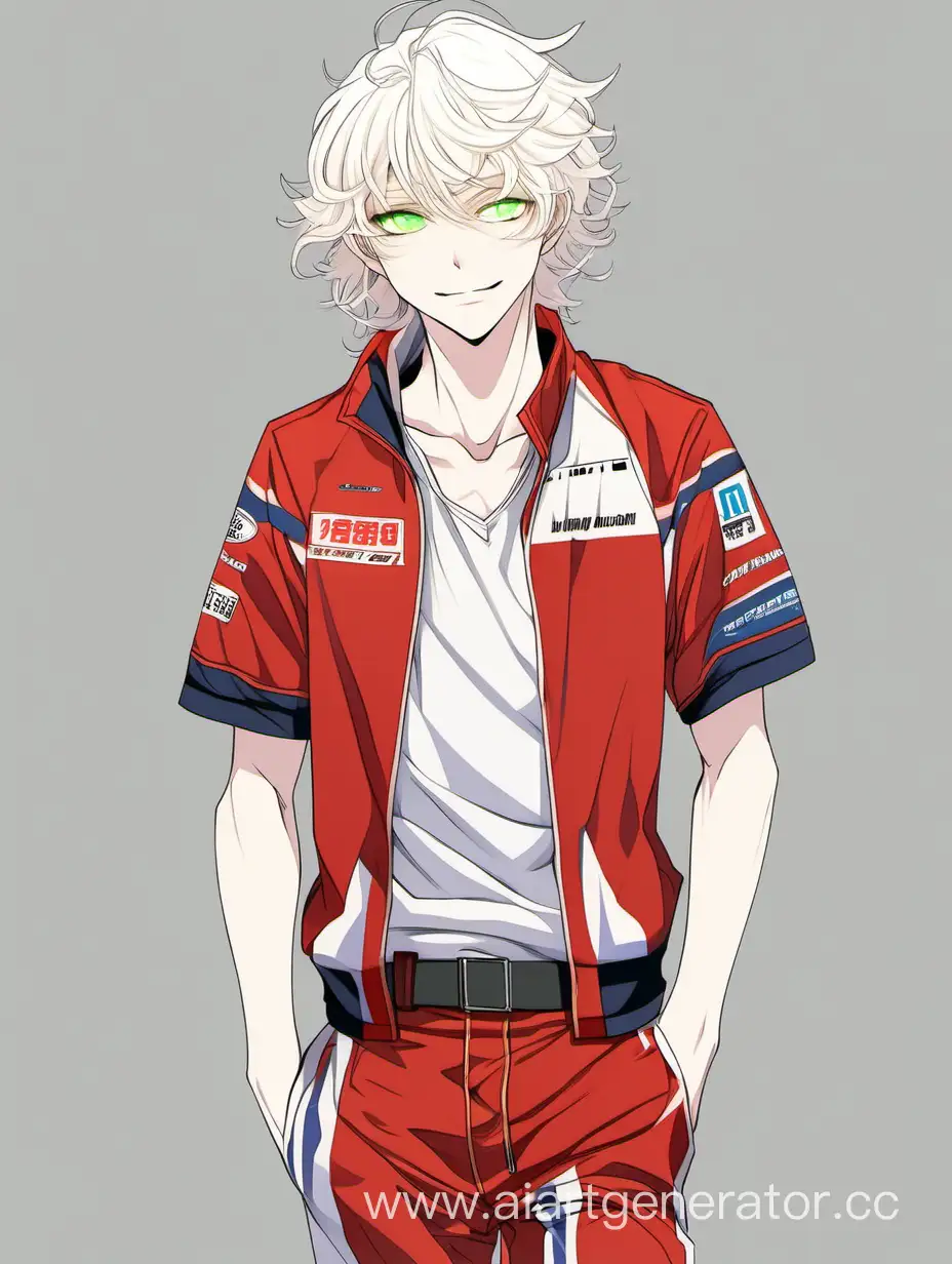 an albino white wavy long hair, white skin, green-eyed, cat-like, red-lipped, thin, stylish, slightly red-cheeked, sweet, twenty years old anime boy is walking. he is wearing a rally racing jersey. he is very beautiful. he is smiling a little.