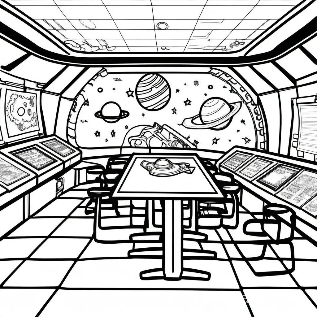 space ship briefing room with a table, Coloring Page, black and white, line art, white background, Simplicity, Ample White Space. The background of the coloring page is plain white to make it easy for young children to color within the lines. The outlines of all the subjects are easy to distinguish, making it simple for kids to color without too much difficulty