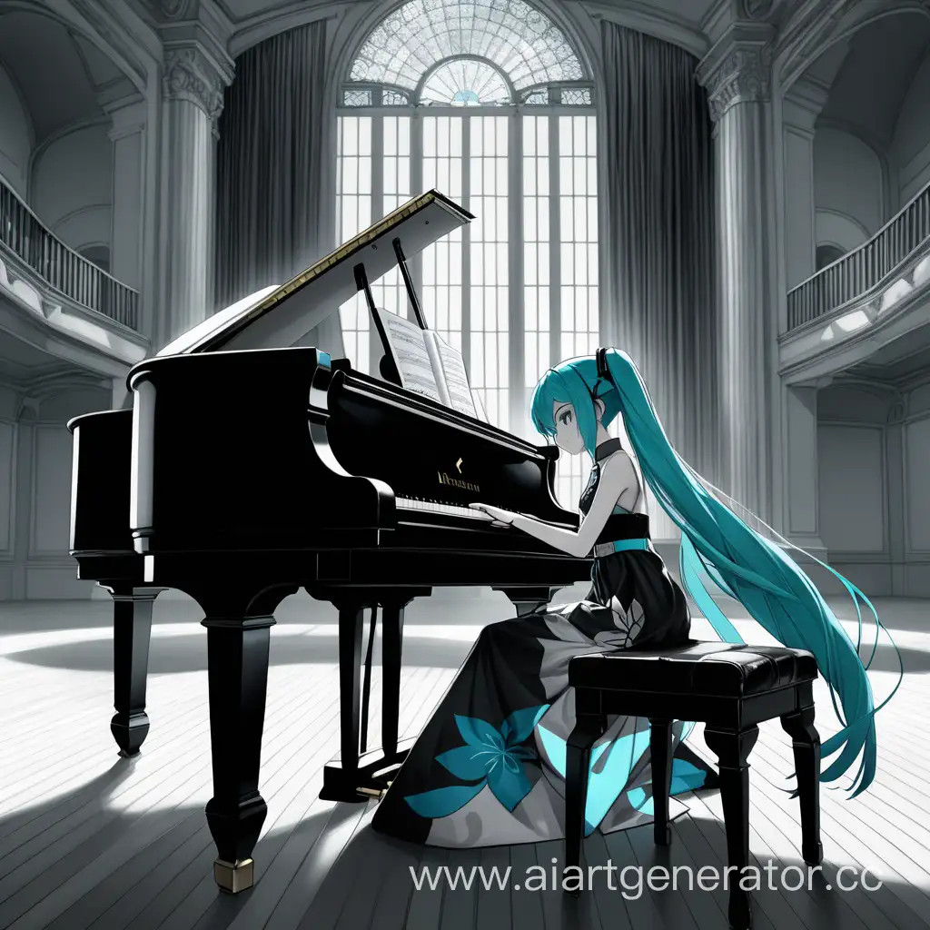 Хатсуне Мику в красивом сарафане черно белом цветом, играет на пианино сидя на стуле в большом зале с серой обстановкой, цвет настроения синий с серыми и темными тонами или же грустный нарисуй в стиле аниме