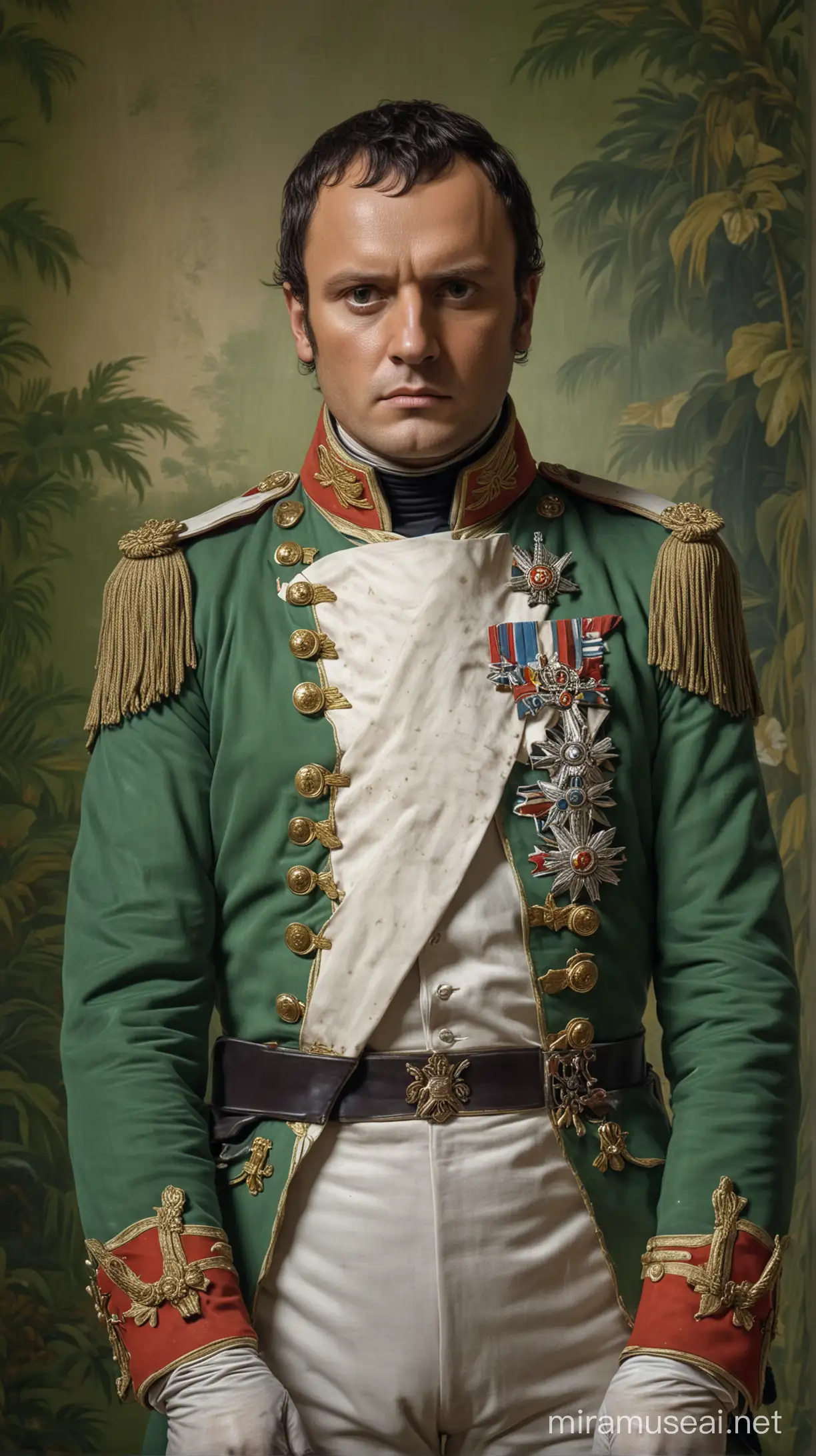 Napoleon in Military Uniform Against Green Wallpaper