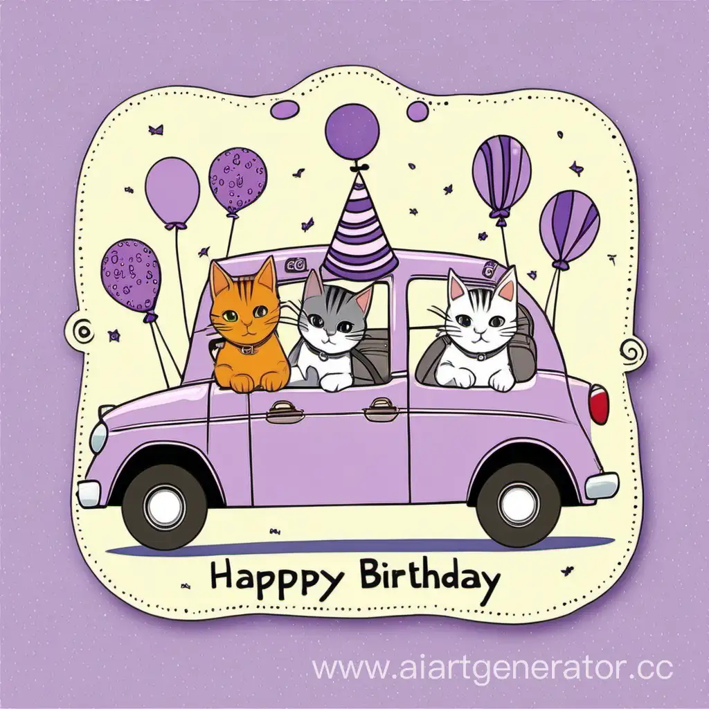 открытка в день рождения с котами-путешественниками, лавандовый цвет