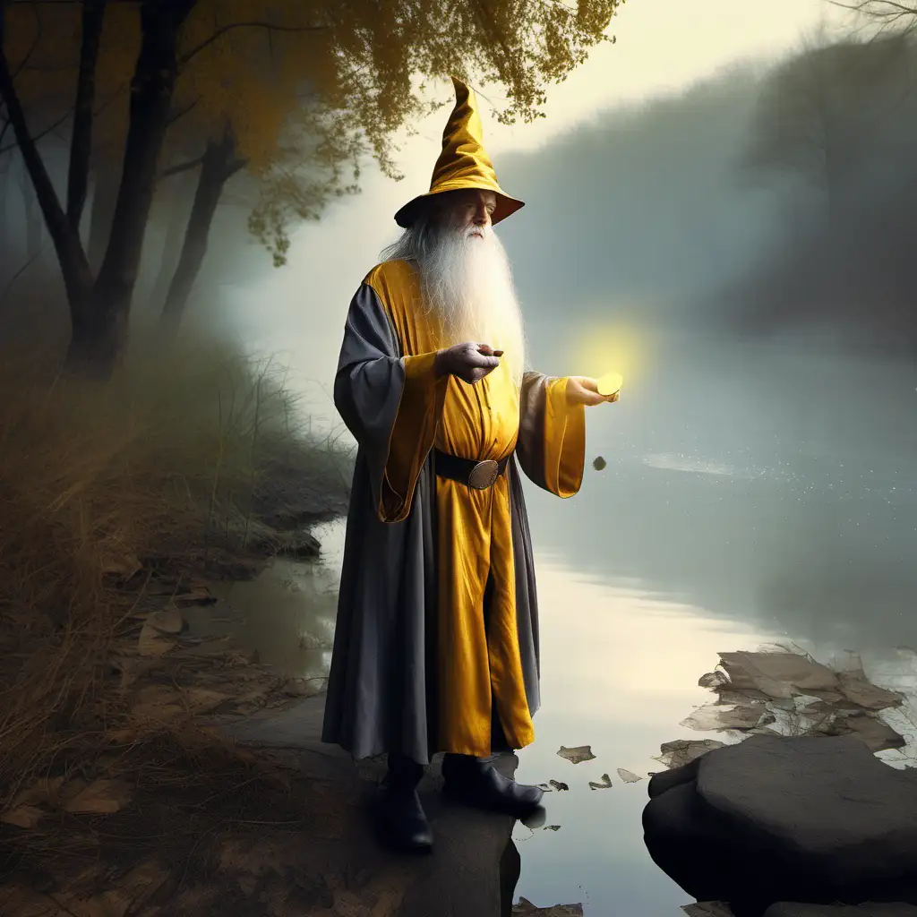 Mysterious Wizard with Golden Coin by the Riverbank