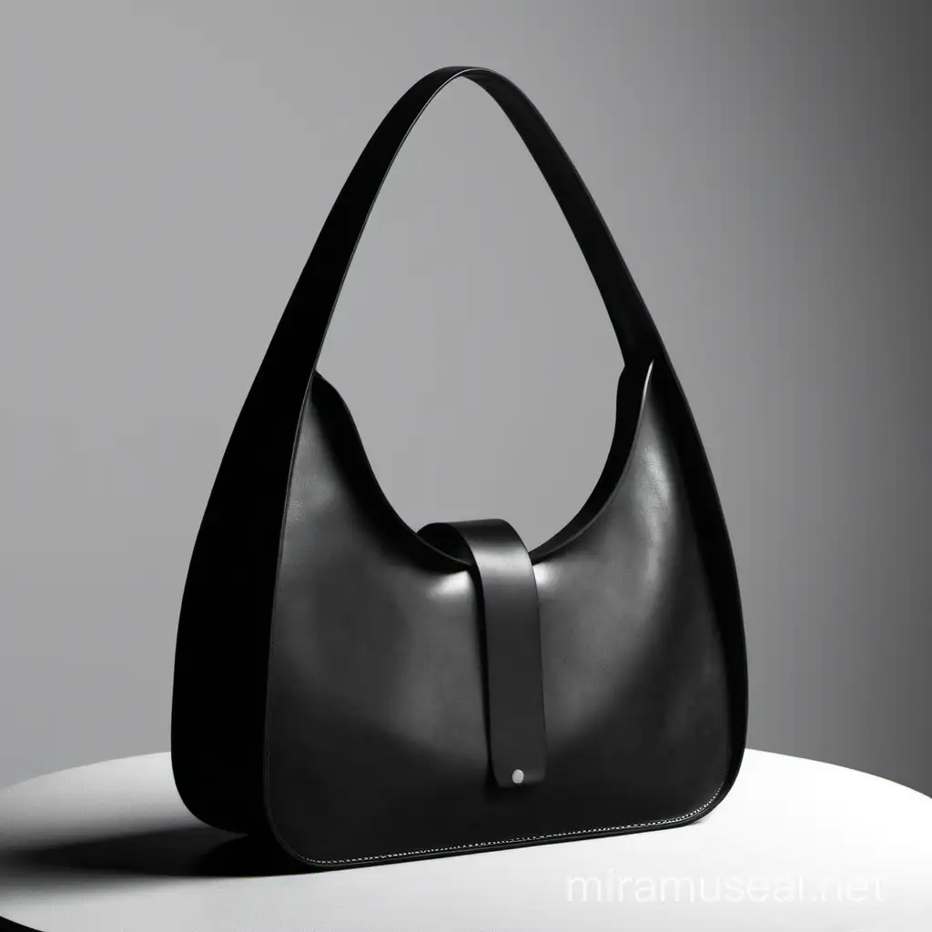 I want an idea for a nice bag in a modern minimalist style for modern women from Milan in black leather. The bag should have an interesting front flap